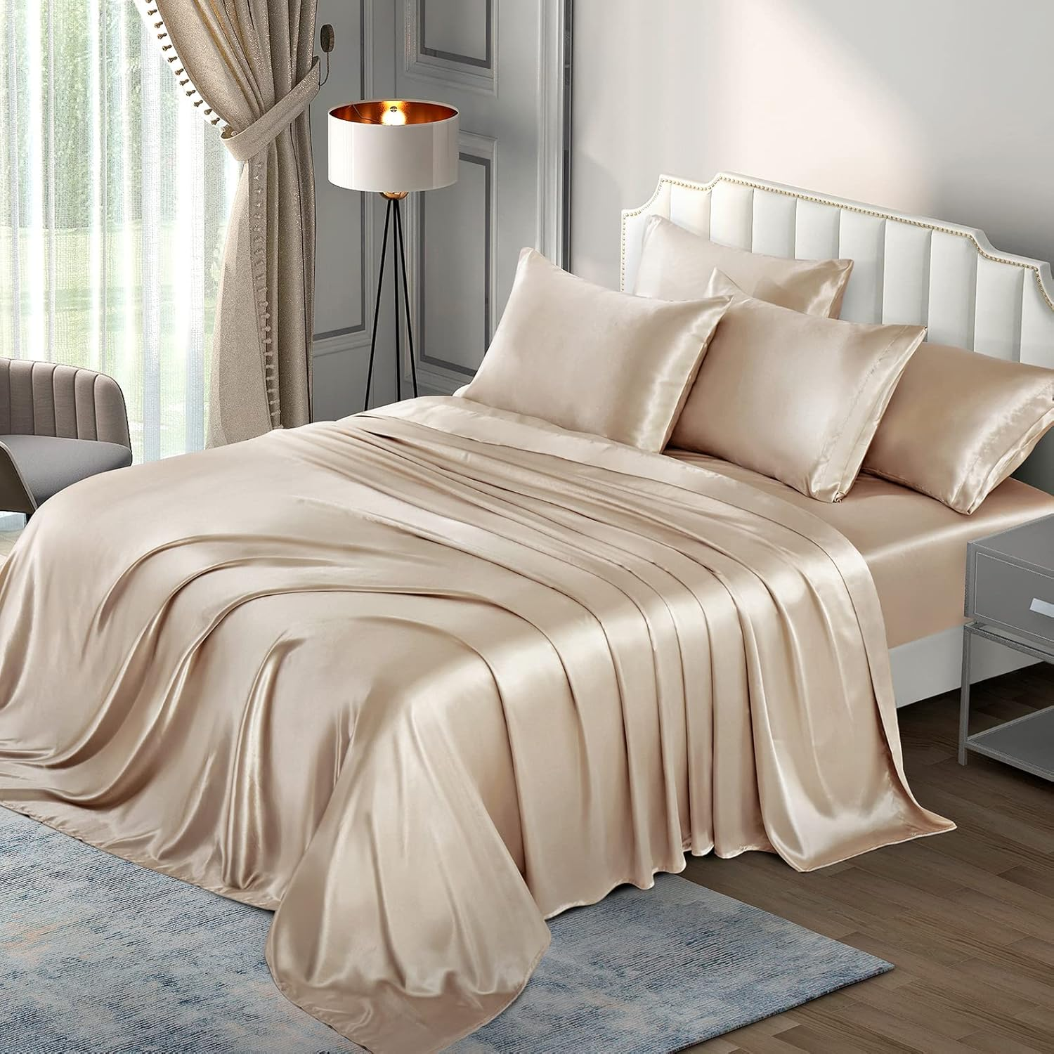 P Pothuiny Satin Sheets Set, Queen (6 Pieces, Taupe) - Luxury Soft Bed Linen Set with 1 Fitted Sheet, 1 Flat Sheet, 4 Pillowcases
