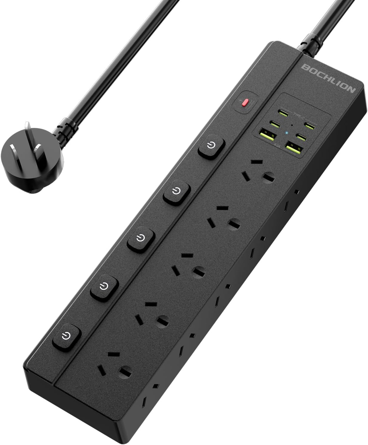 BOCHLION Power Strip with Independent Switch, Equipped with 10AC Power Sockets and 2 USB-A and 4 USB-C, 1.8M Extension Cable, Overload Protection for Home, Office, School, and Dormitory. (White)