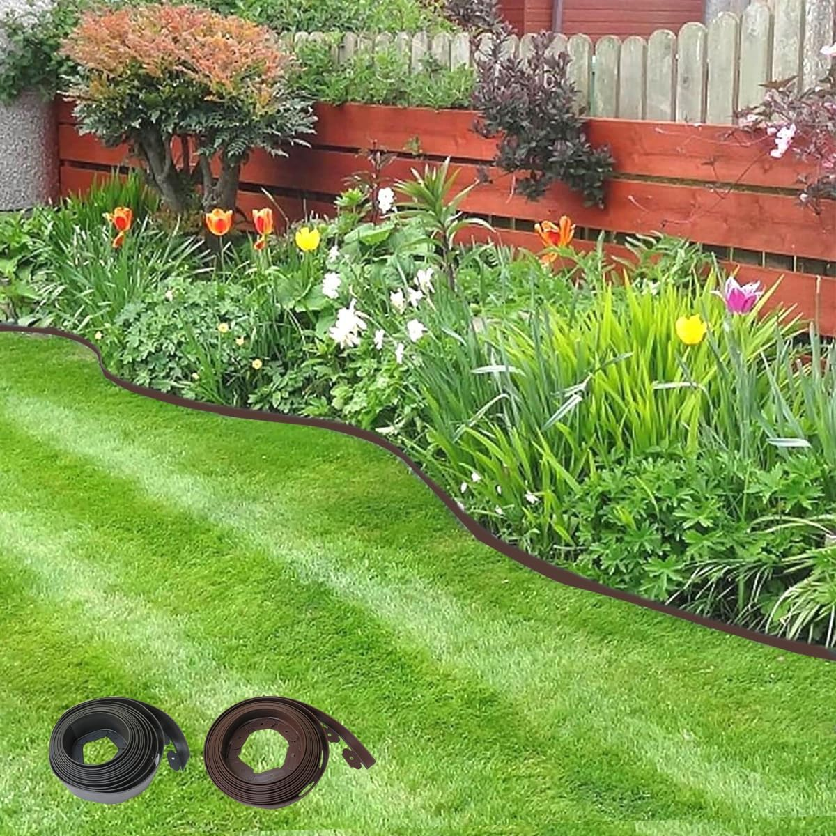 Garden Edge Landscape Edging Border No Dig, Mulch Border, Rubber Landscaping Edging, Flower Bed Edging Borders, Plastic Landscape Edging Kit, Yard Edging Borders (Black-33Feet-Tall Wall)