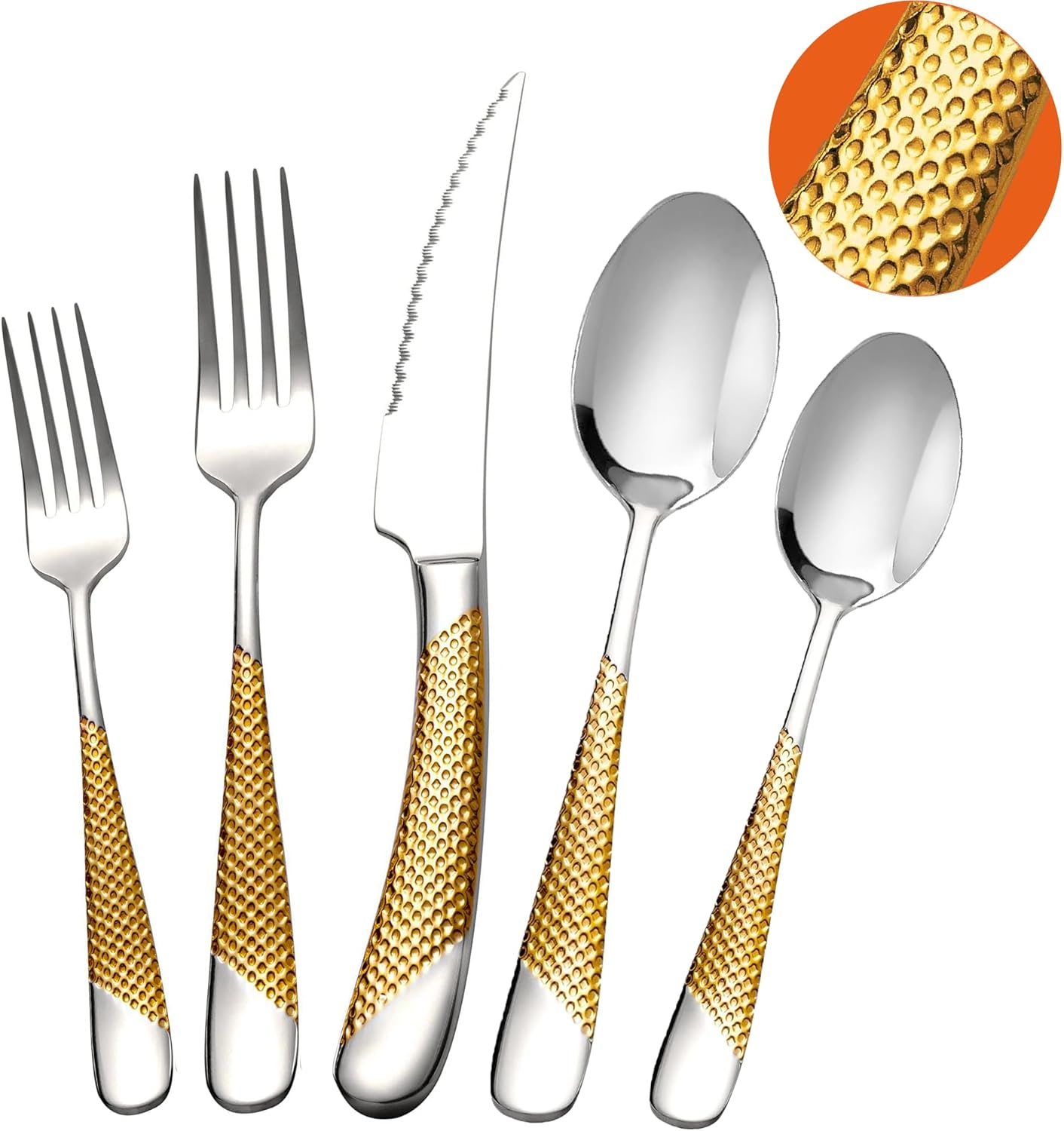 SHEUMNT 20 Piece Hammered Black Silverware Set, 18/10 Stainless Steel Flatware Set, Modern Golden Kitchen Utensil Set Service for 4, Tableware Set, Cutlery Set Including Fork Spoon and Knife