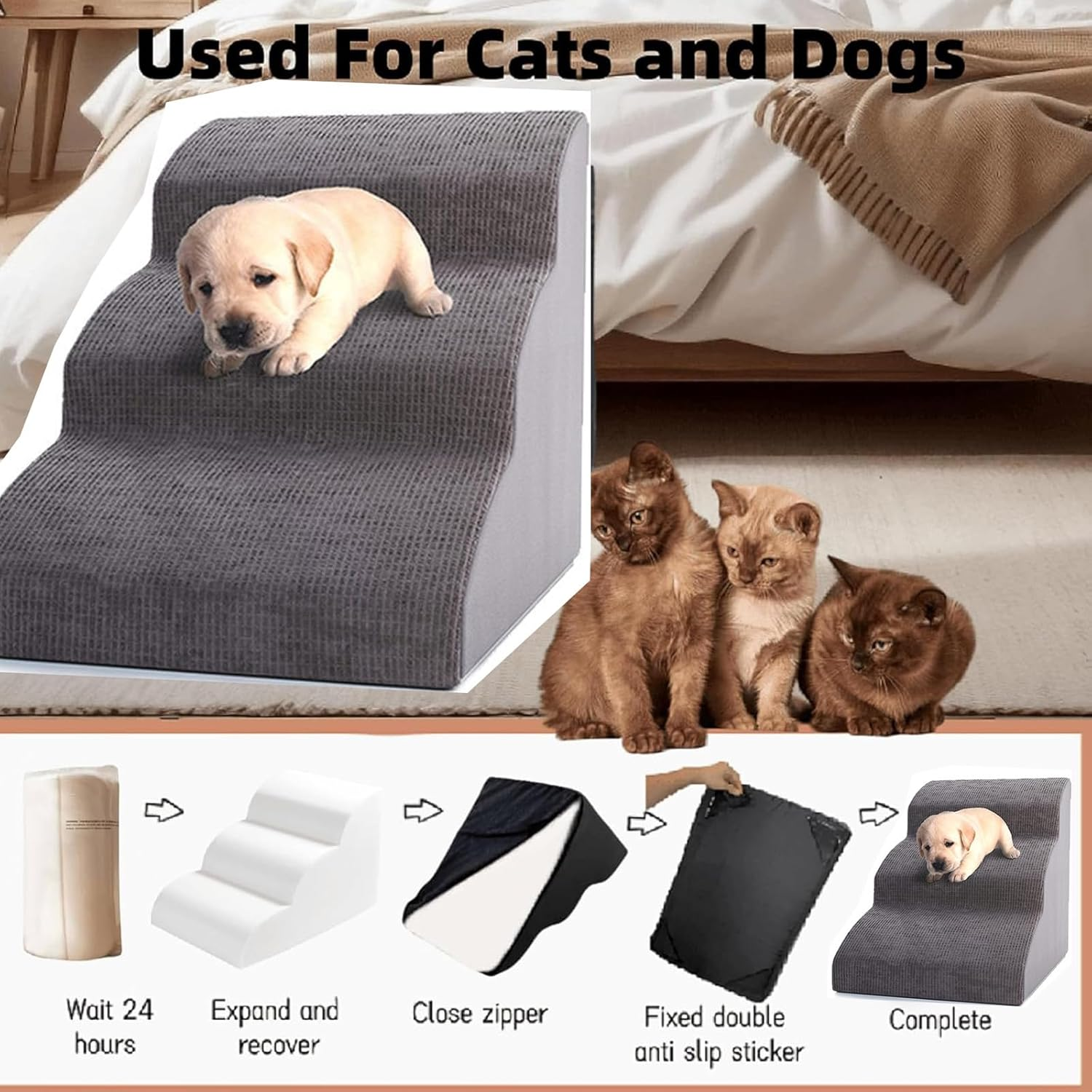 Dog Stairs for Small Dogs, Dog Steps for High Bed and Couch, High-Density Foam Pet Steps, Non-Slip Removable Washable Cover Get on Bed for Couch Sofa Bed Grey, Grey (Gray, L, 3) image number 5