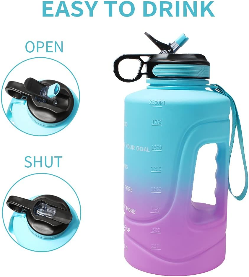 AF-WAN Motivational Water Bottle with Time Markings & Straw, 2.2 Litre Half Gallon Large Sports Water Jug with Handle, BPA Free Leakproof Water Bottles for Fitness, Gym and Outdoor Sports (Blue)