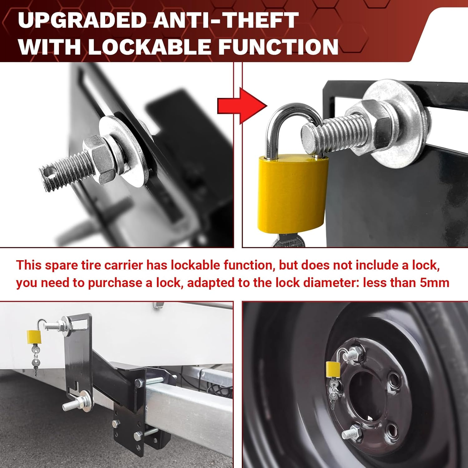 Lockable Spare Tire Carrier, Spare Tire Bracket for Utility Trailer, Powder Coat Steel Black Boat Trailer Tire Mount Fits Most Lugs Wheels, Easy to Install