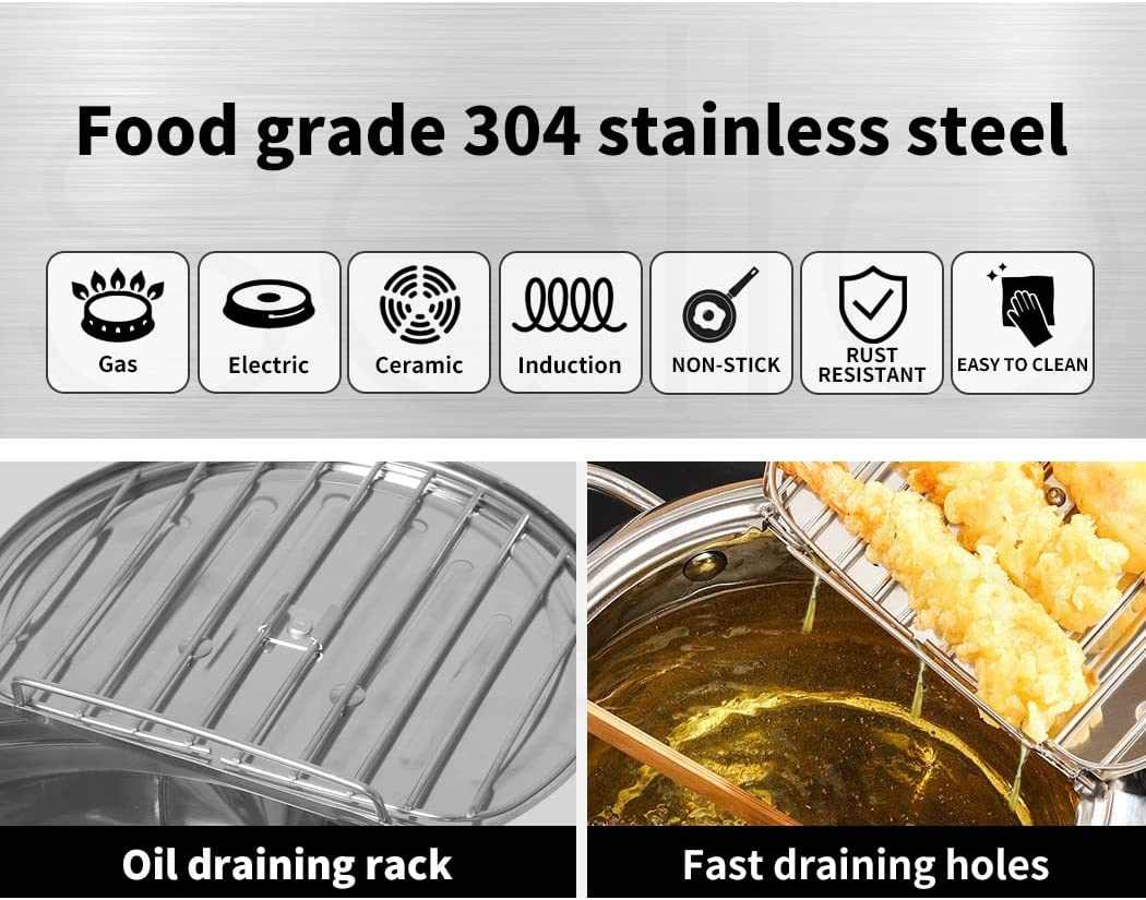 TOQUE 24Cm Japanese Deep Frying Pan Pot Thermometer Kitchen Tempura Fryer Silver, 304 Food Grade Stainless-Steel Pan, Easy to Clean Non Stick Frying Pan, Deep Fryer Cookware, Precise Thermometer image number 2