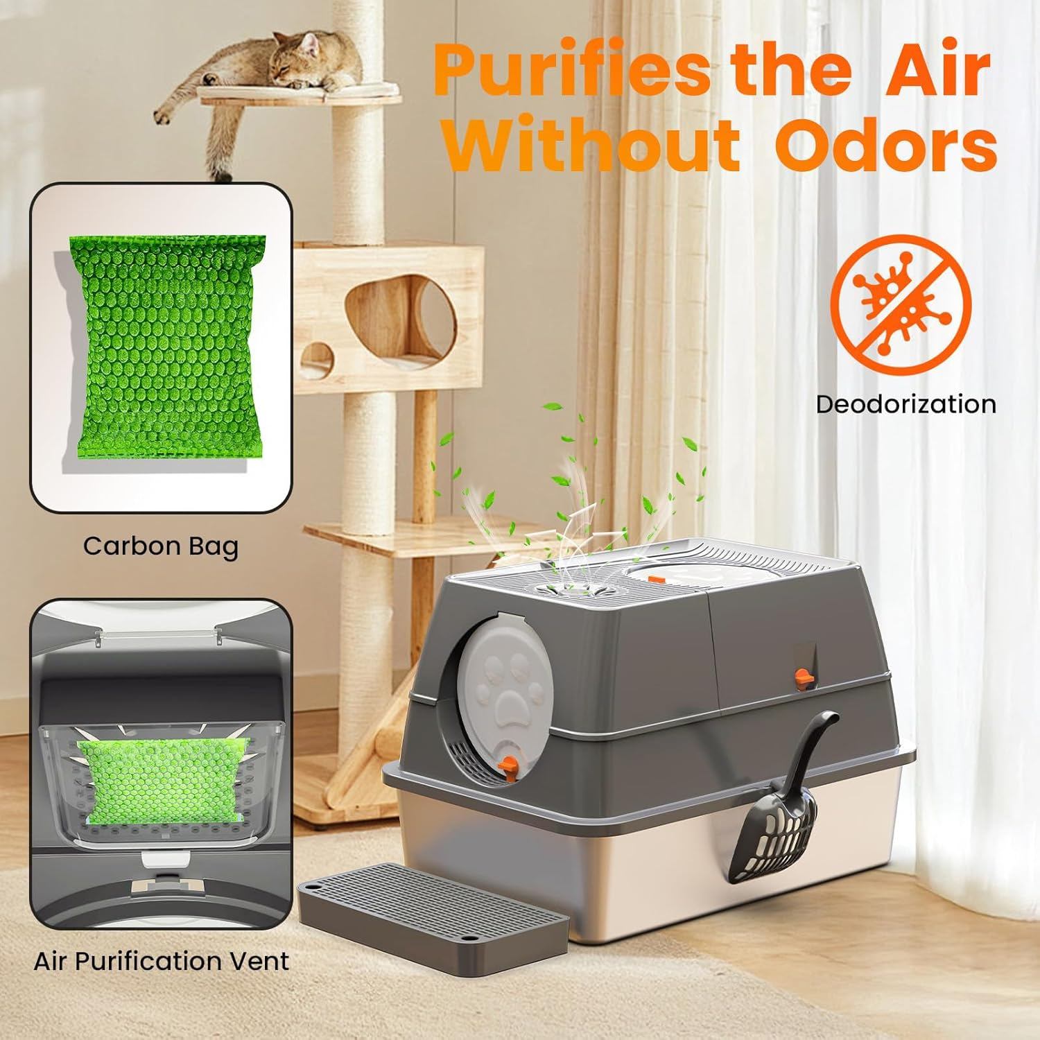 Extra Large Stainless Steel Litter Box with Lid 60L X 40W X 39H CM Cat Litter Tray with Quick Clean Flip-Top Enclosed Cat Litter Box with Litter Scoop Footboard and Mat Non-Sticky Odor-Resistant image number 5