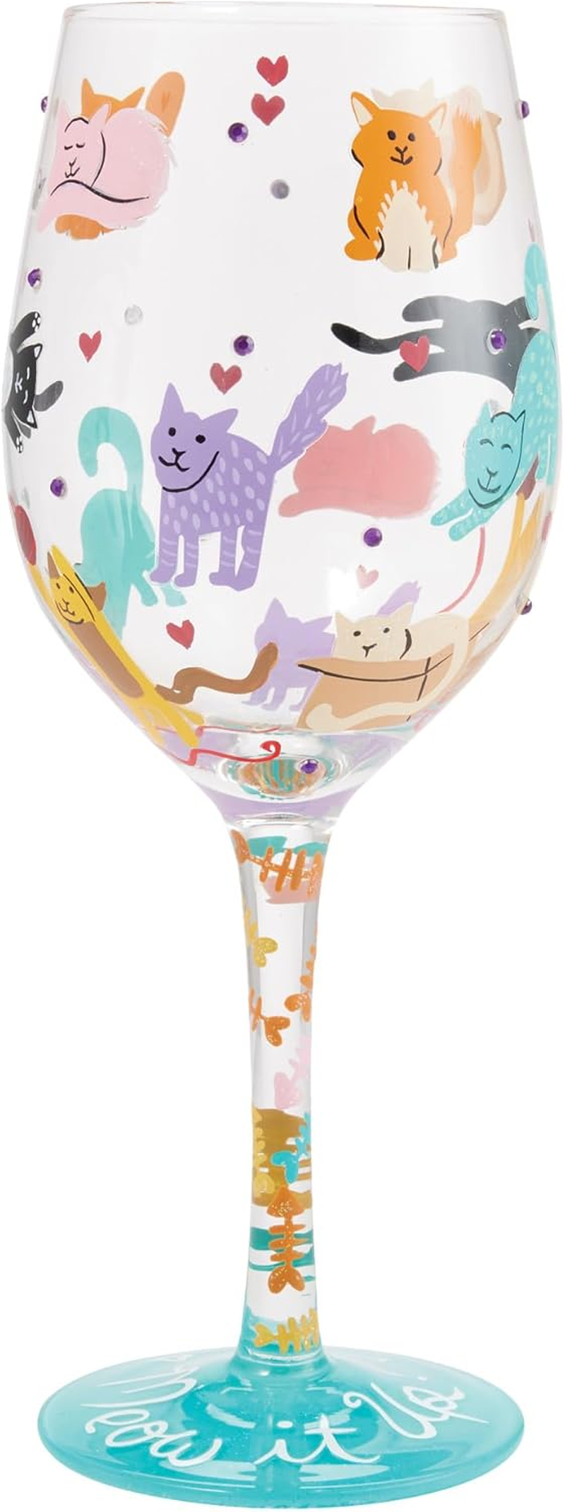 Enesco Lolita Meow It up Cats and Hearts Hand-Painted Artisan Wine Glass, 15 Ounce, Multicolor