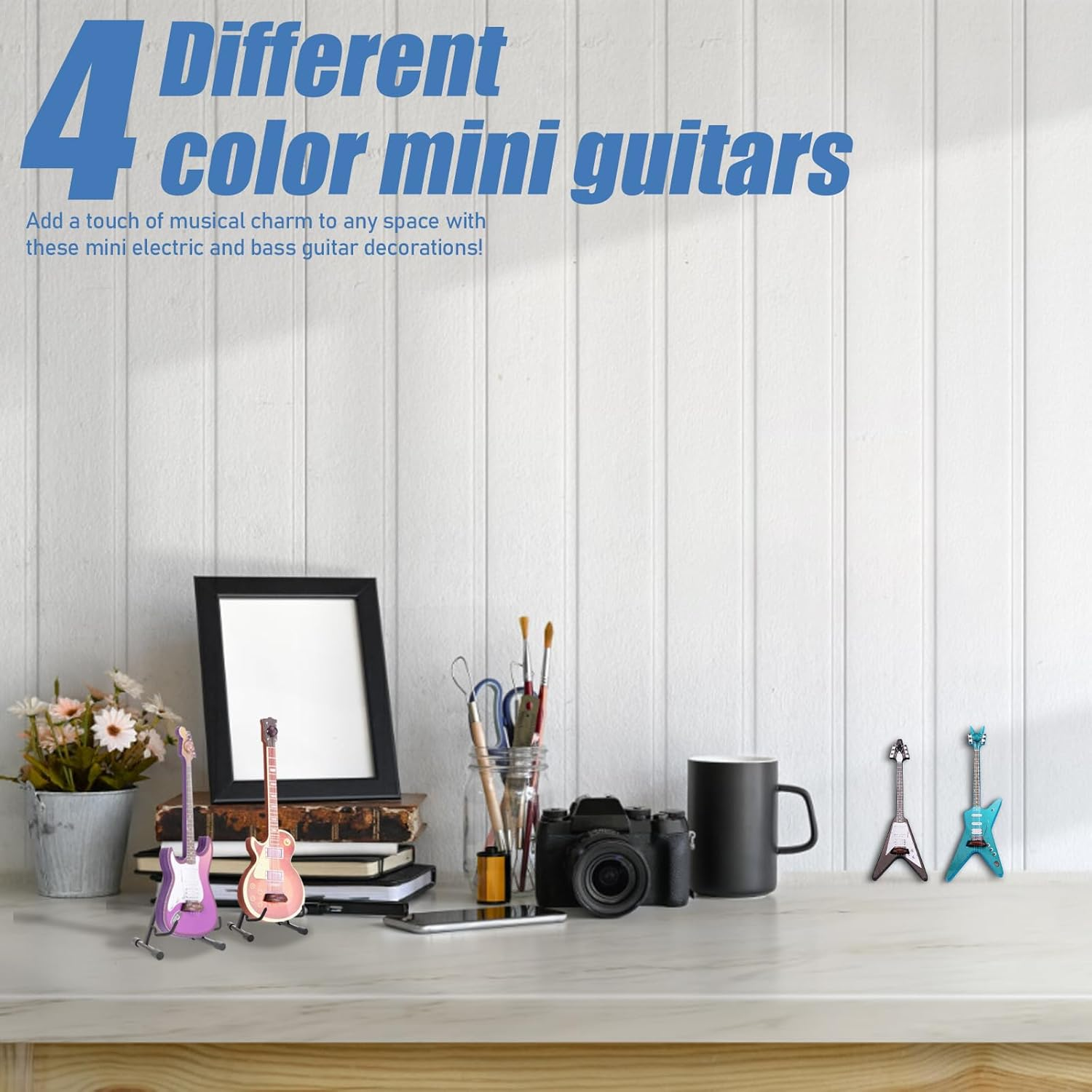 4 Pcs Miniature Guitar Bass Model, Miniature Electric Guitar, 1:12 Scale Mini Wooden Musical Instrument for Dollhouse Accessories, Mini Music Room, Home Decoration image number 4