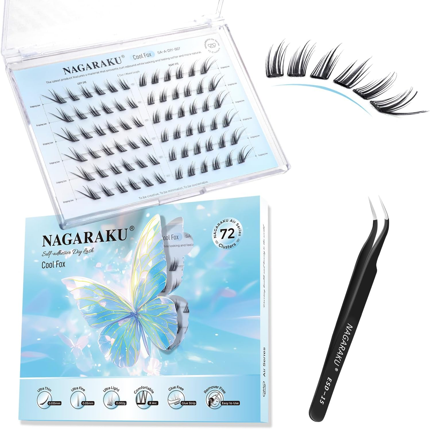 NAGARAKU Pre Glued Cluster Lashes Air Series Eyelashes Cool Fox Style 72 Pcs No Glue Needed Pre-Bond Eyelashes Self Adhesive DIY Lashes（0.07Mm C Curl Mix Length) image number 3