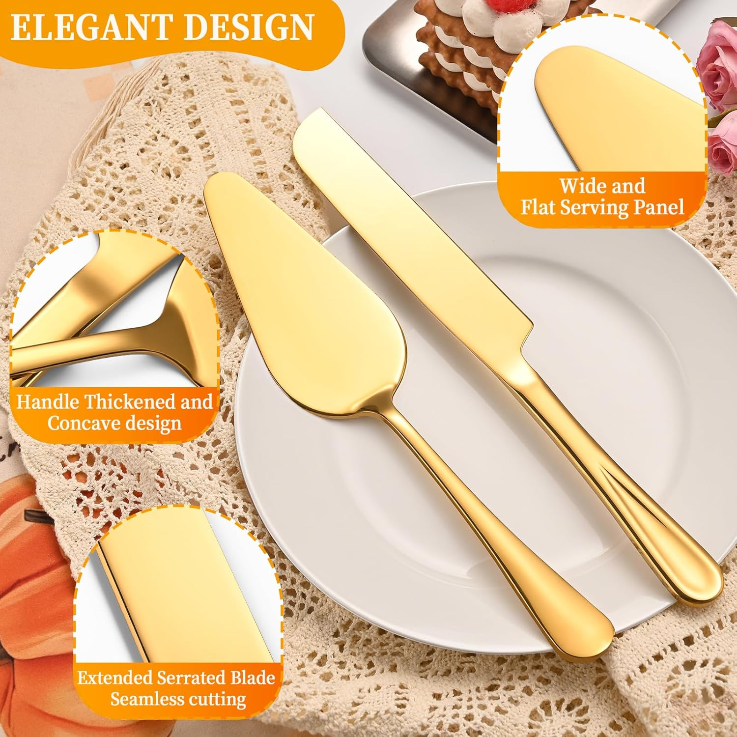 ERVILO Cake Cutting Set for Wedding, Pie Server, Stainless Steel Wedding Cake Knife and Server Set, Golden Cake Cutter for Birthday, Parties and Events (Gold Serving Set) - Black Serving Set image number 3