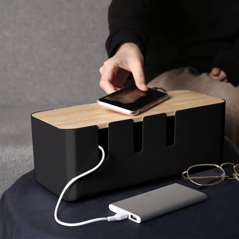 Cable Management Box by Baskiss, Solid Wood Lid, Wire Organizer for Desk TV Computer USB Hub System to Cover and Hide & Power Strips & Cords (Black, Medium) image number 5