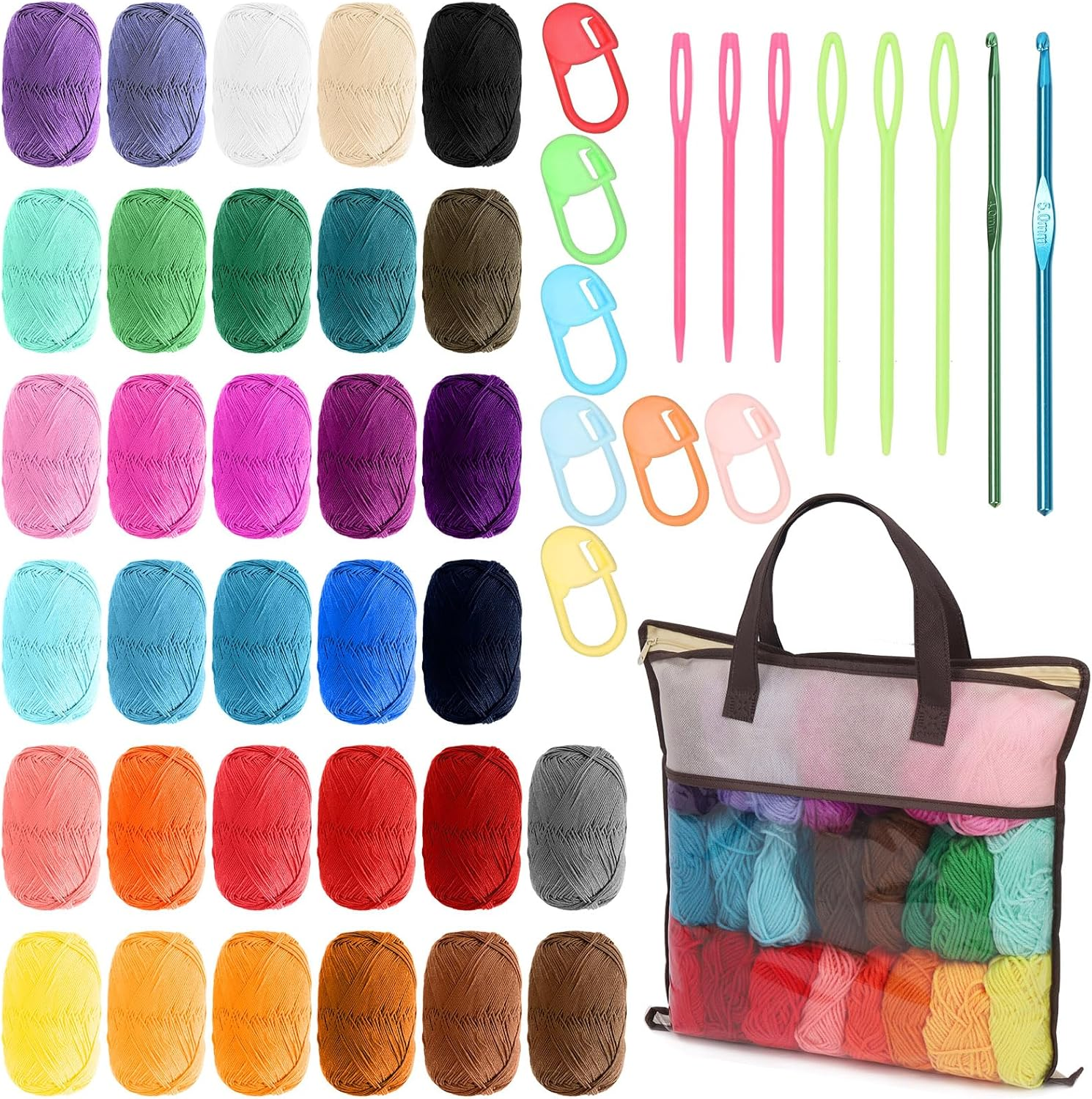 Swpeet 51Pcs Crochet Yarn Kit, Including 32Pcs Multicolor Acrylic Yarn Skeins, 10Pcs Stitch Markers, 6Pcs Plastic Knitting Needle, 2Pcs Crochet Hooks and 1Pc Bag for Crocheting and Knitting image number 4