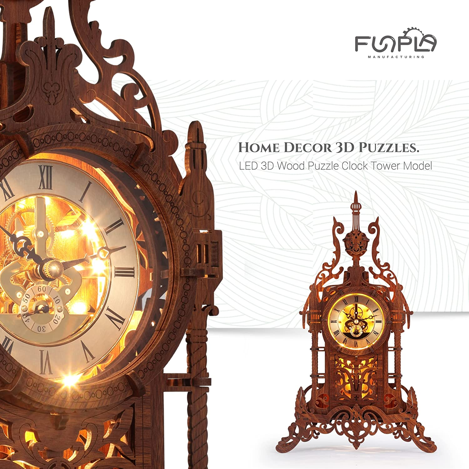FUNPOLA LED 3D Wood Puzzle Clock Tower 3D Puzzle Building Model Home D&eacute;cor Puzzle DIY 3D Puzzle Clock Kit for Adults/Teens Present Gift