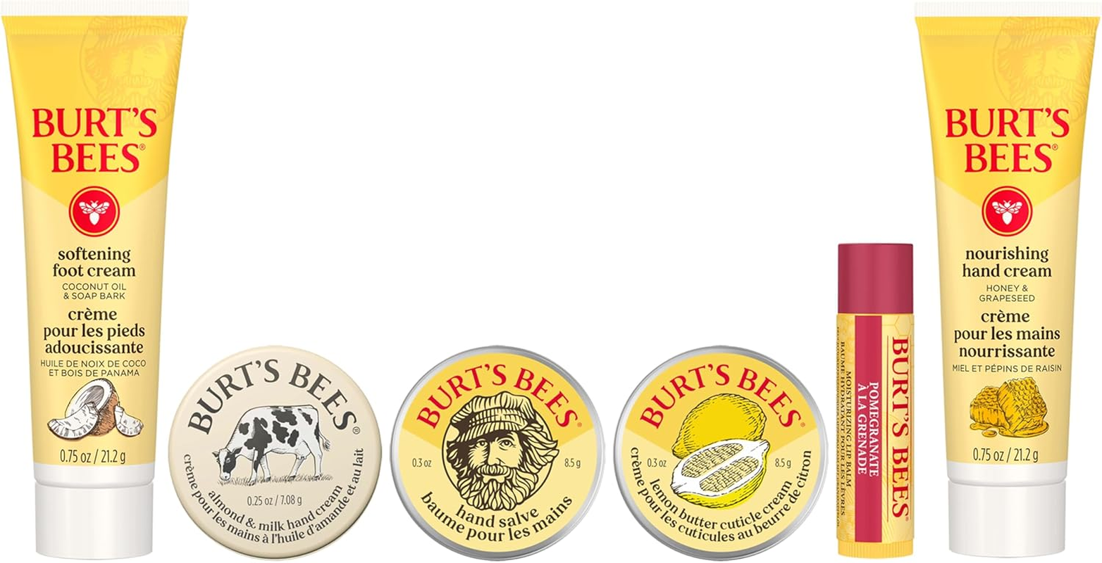 Burt'S Bees Christmas Gifts - Tips and Toes Kit, 6 Travel Size Products for Stocking Stuffers - Pomegranate Moisturizing Lip Balm, 2 Hand Creams, Foot Cream, Cuticle Cream, and Hand Salve
