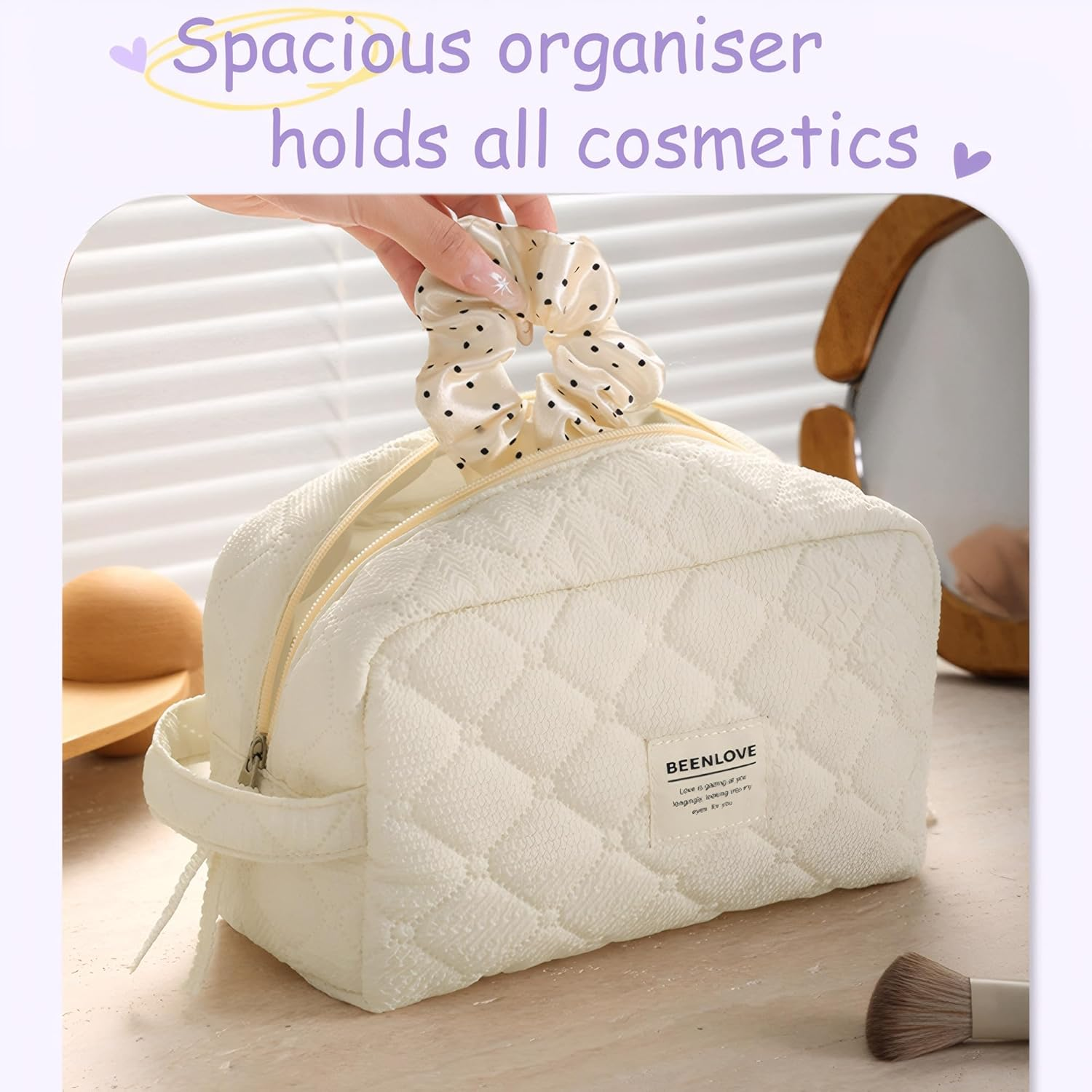 Quilted Cotton Makeup Bag Travel, Portable Toiletry Cosmetic Pouch Organiser (Off White) image number 4