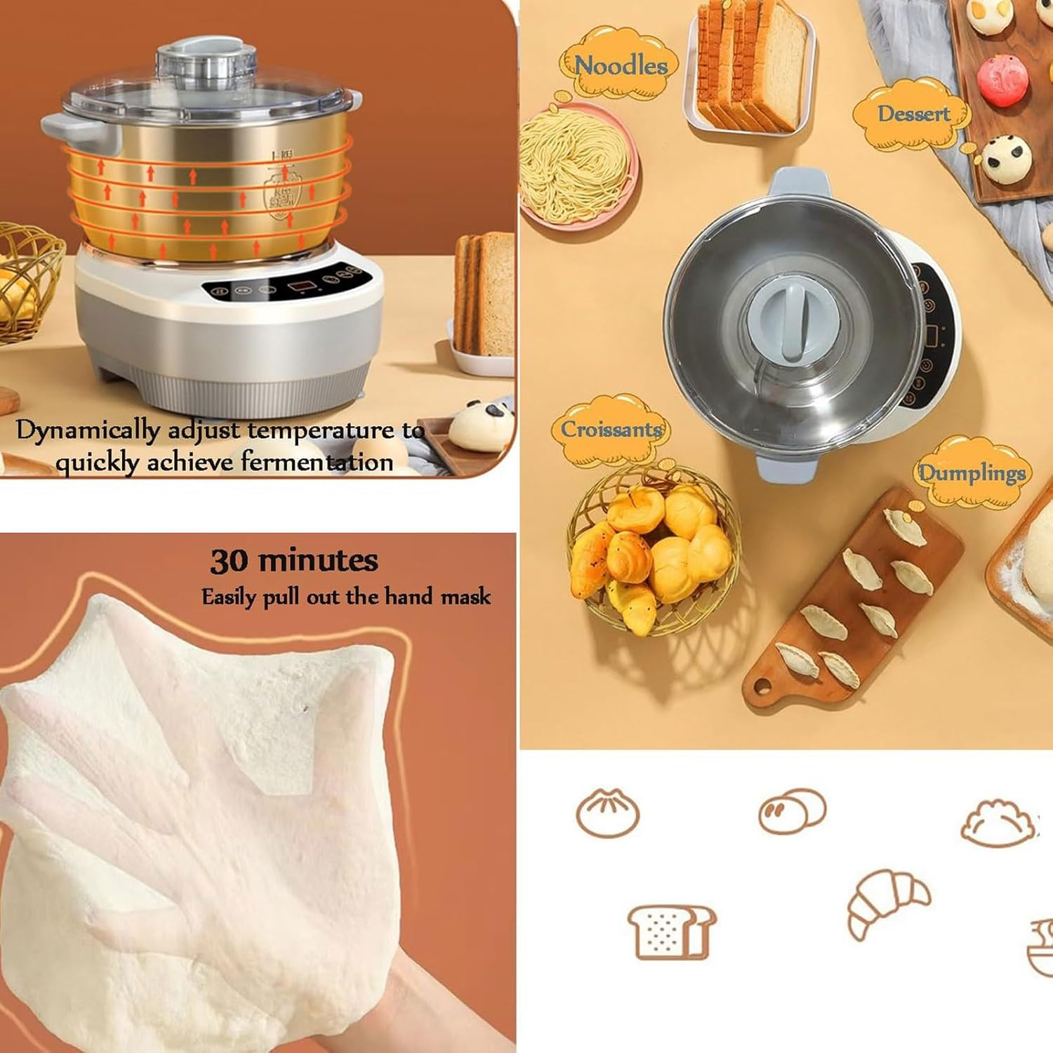 Dough Maker with Ferment Function, 5L/7L Non-Stick Stainless Steel Dough Flour Mixer with Measuring Cups & Spoons, Dough Kneading Machine, Timing &Touch Panel, 25-38℃ Dough Proofer, for Home (Size : image number 2