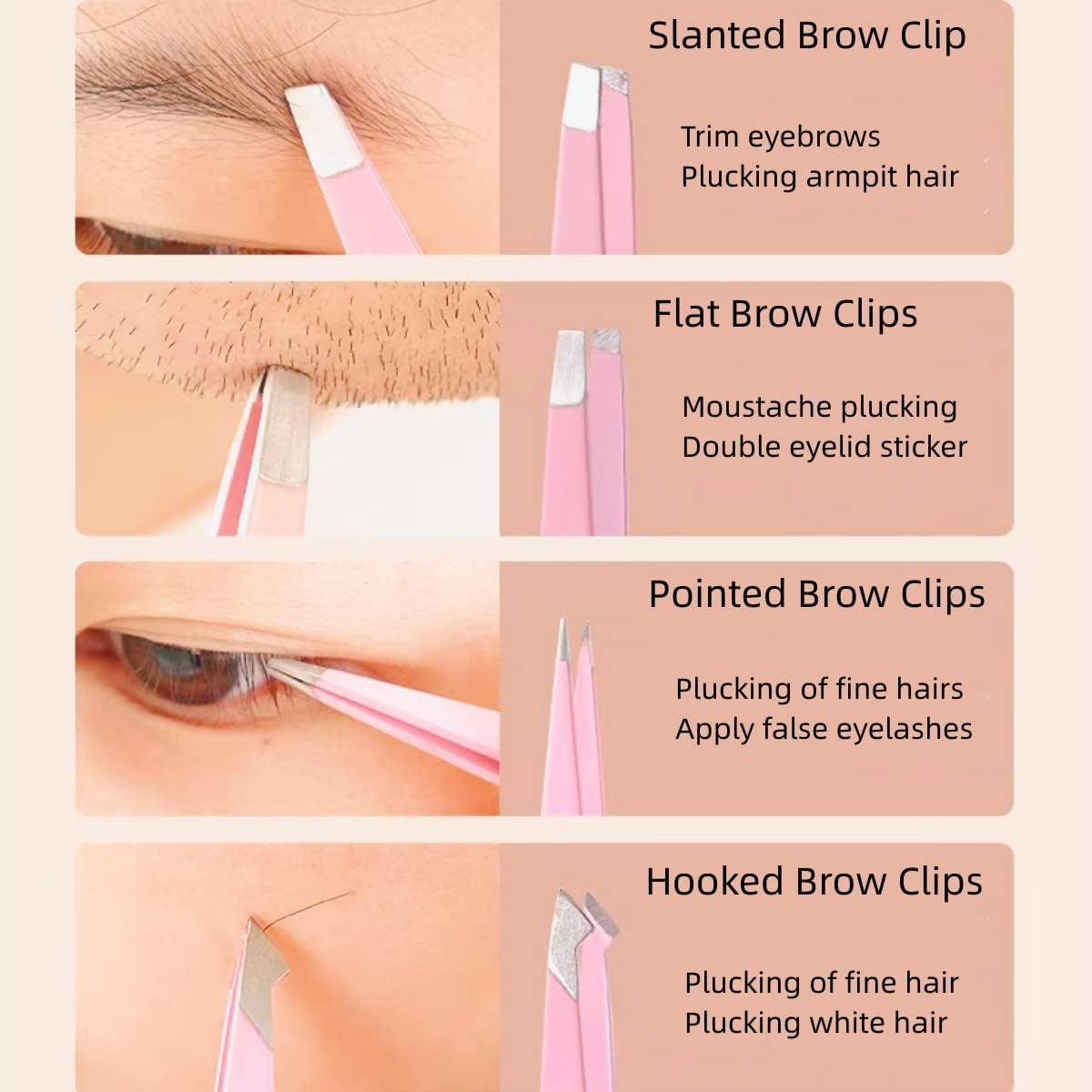 Set of 4 Eyebrow Tweezers, Flat, Slanted, Pointed and Hooked 4 Tweezers for Eyebrow Trimming, Professional Stainless Steel Tweezers for Eyebrow Trimming, Blackhead Trimming, Beard Trimming and More image number 6