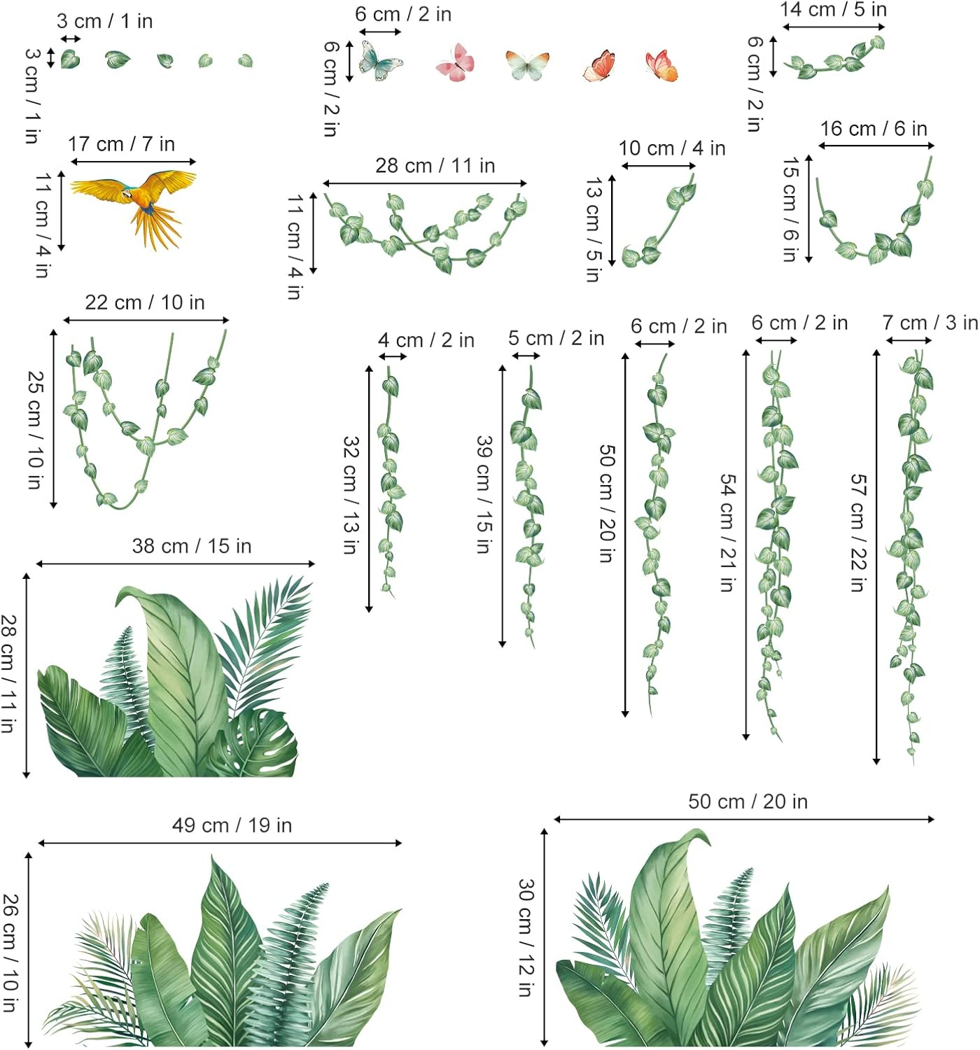Decalmile Tropical Leaves Wall Decals Hanging Vines Green Plants Wall Stickers Living Room Bedroom Office Wall Decor image number 4