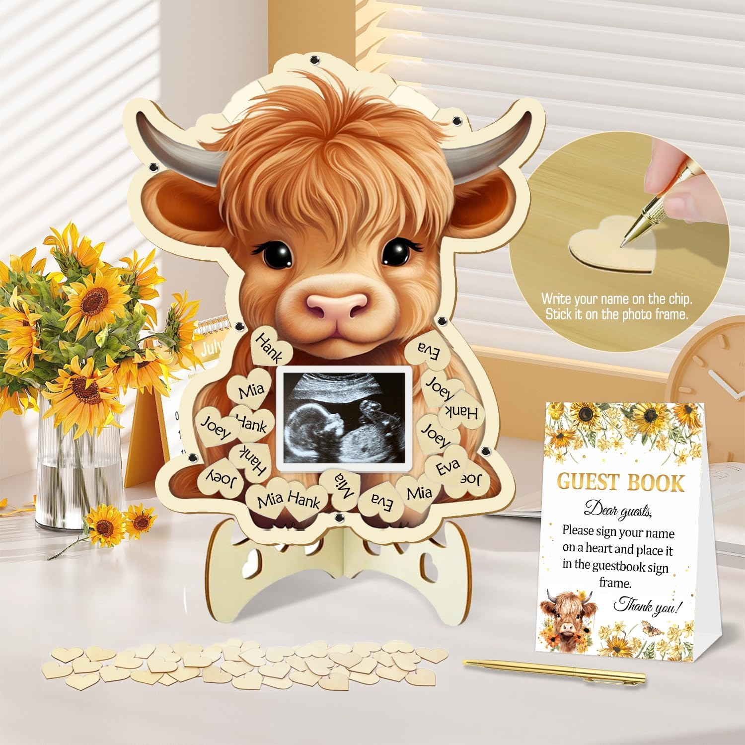65 Pcs Highland Cow Baby Shower Decorations Guest Book, Baby Shower Guest Book Alternatives with Photo Frame, 60 Wood Slices Cow Baby Shower Guest Book for Boys Grils Baby Shower