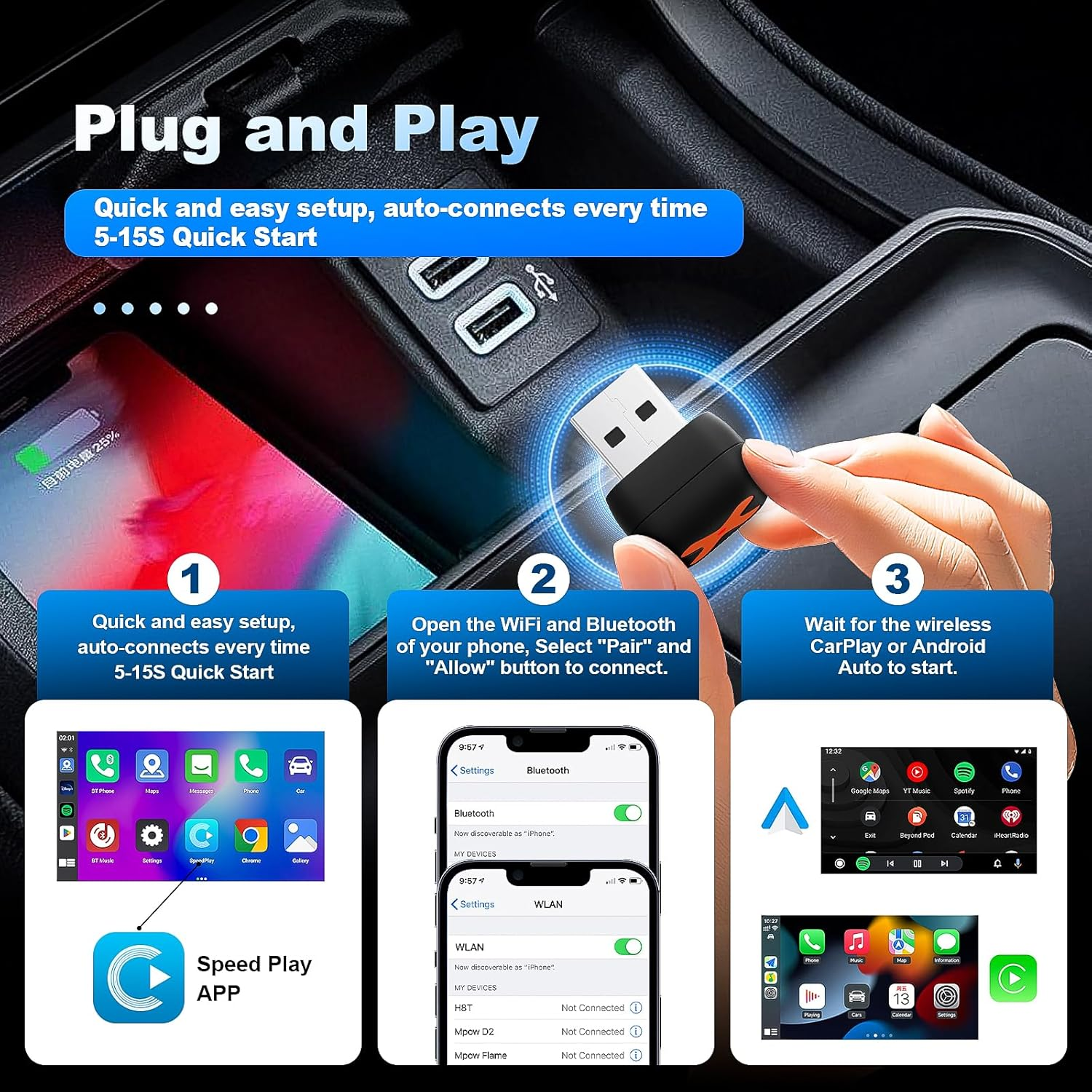 2-In-1 Mini Android Auto and Wireless Carplay Adapter Convert Factory Wired to Wireless Dongle, Compact Size USB Carplay Stick Android Auto Adapter for Ios 12+/Aandroid No Delay image number 4