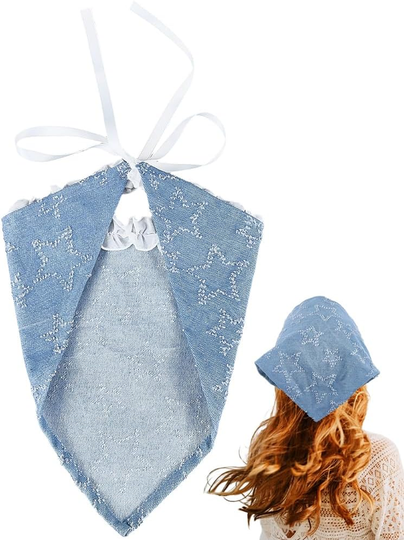CABODYALS Blue Star Pattern Head Scarf Kerchief Small Triangle Headband Hair Covering Wrap with Ruffled Pleated Edge Lace up Design Bandana for Women Holiday Costume Accessories Decor Styling image number 4