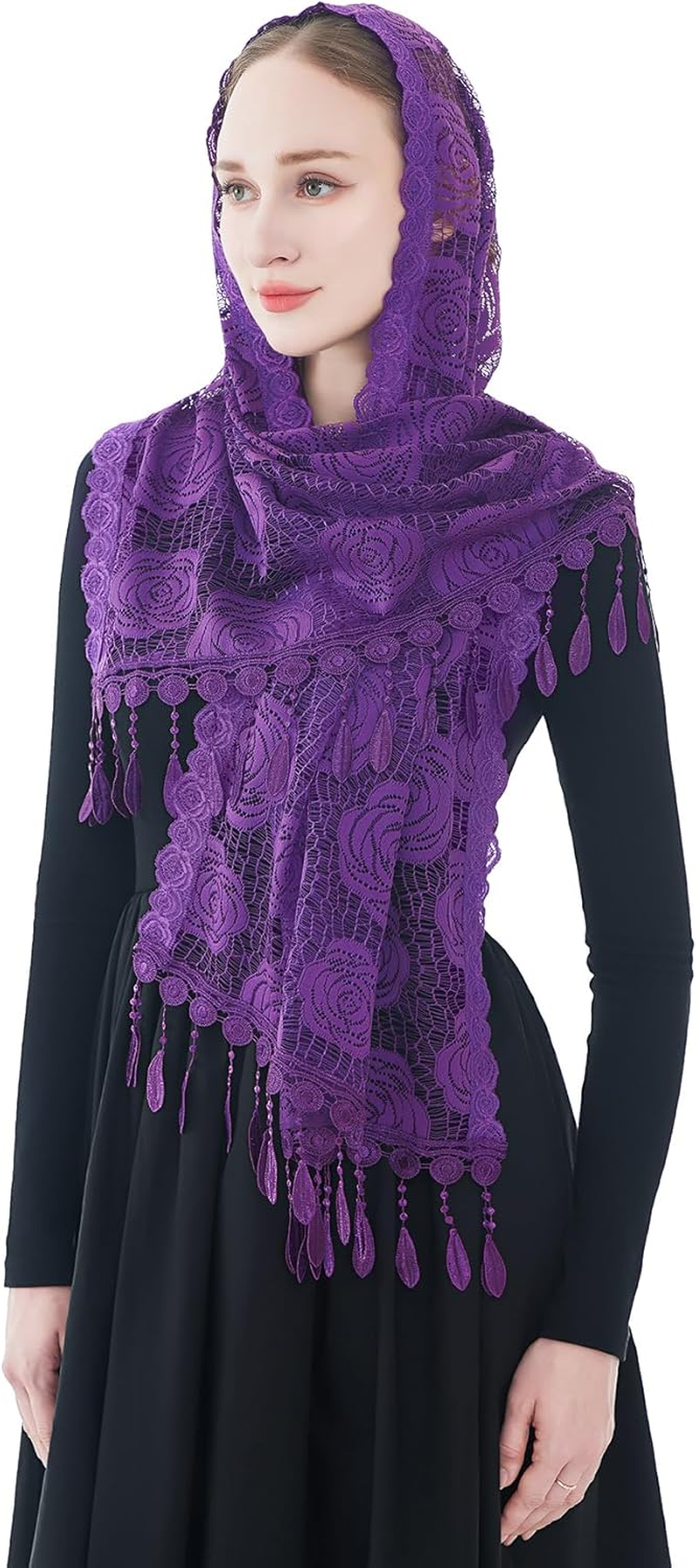 Wgior Rose Rectangular Chapel Veil Scarf Catholic Church Veils Mantilla Wrap Shawl Mass Head Covering