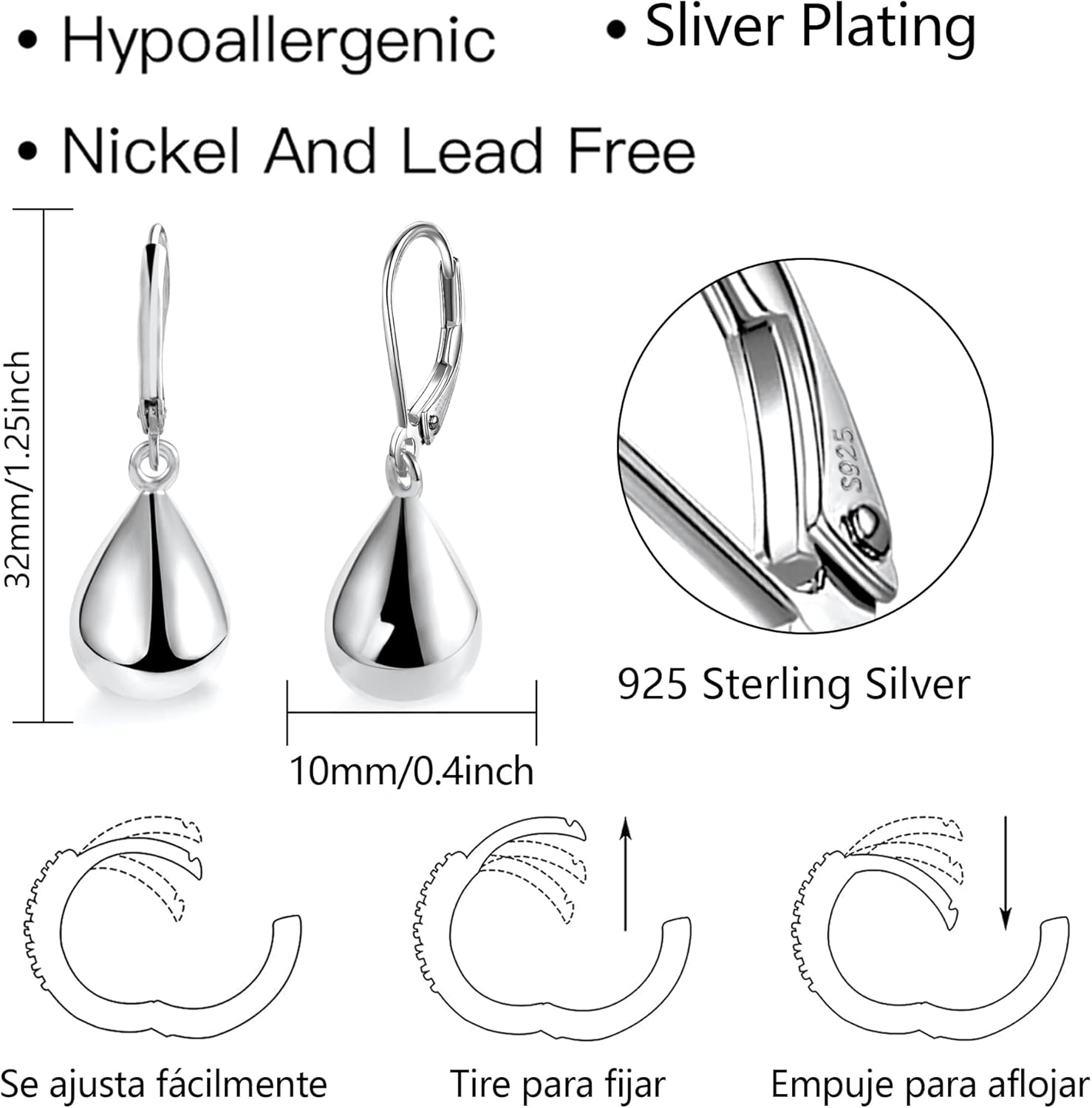 925 Sterling Silver Teardrop Leverback Earrings for Women Girls Waterdrop Tear Drop Dangle Earrings Jewelry Hypoallergenic Silver Teardrop Leverback Dangle Earrings for Women