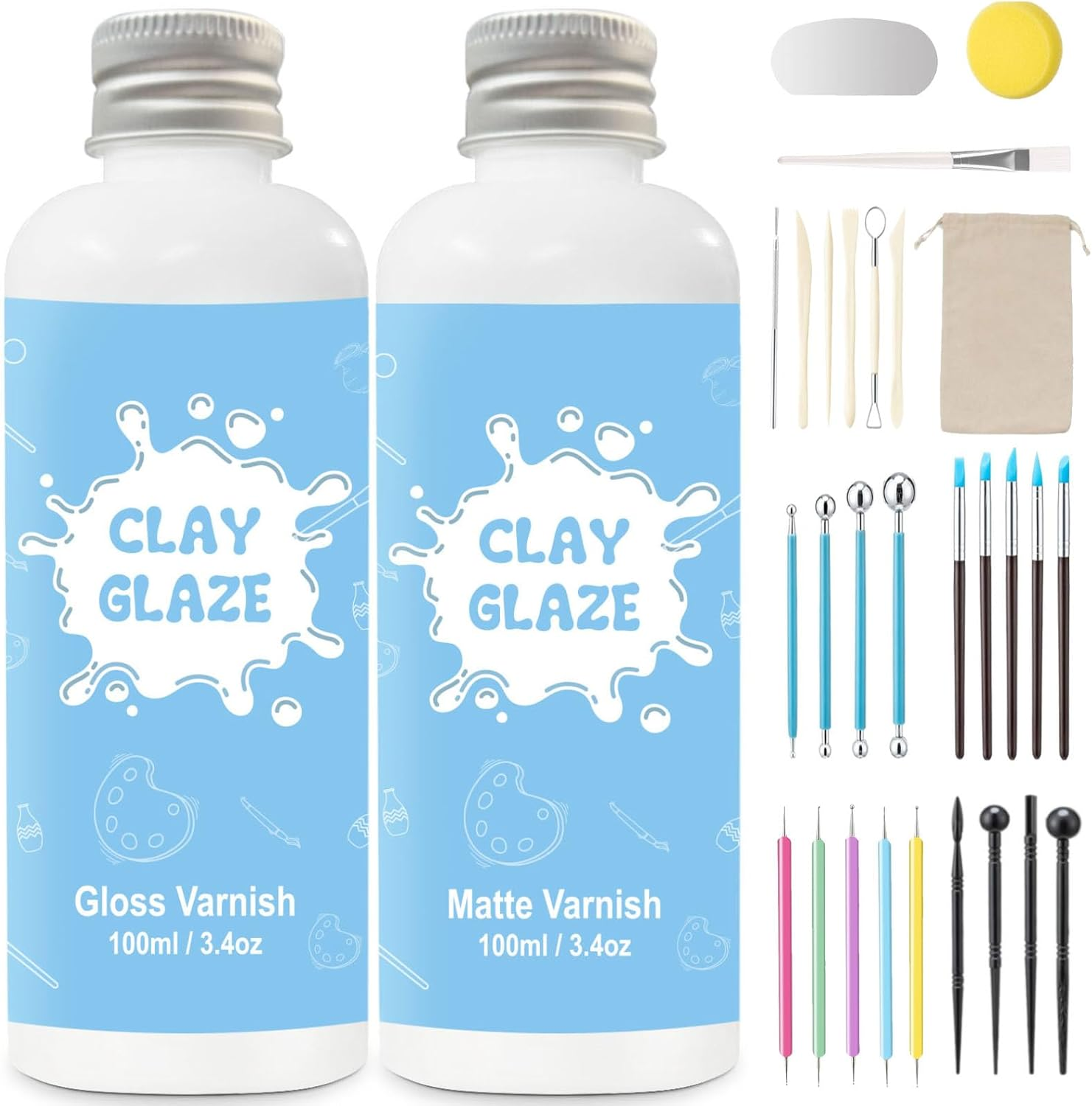 2 X 100Ml Air Dry Clay Glaze and 30Pcs Clay Tools Kit, Clay Varnish Protects Clay from Surface Wear, Pottery Tools Can Be Used for Stippling, Carving, Molding, and Shaping Clay Crafts(Gloss+Matte) image number 5