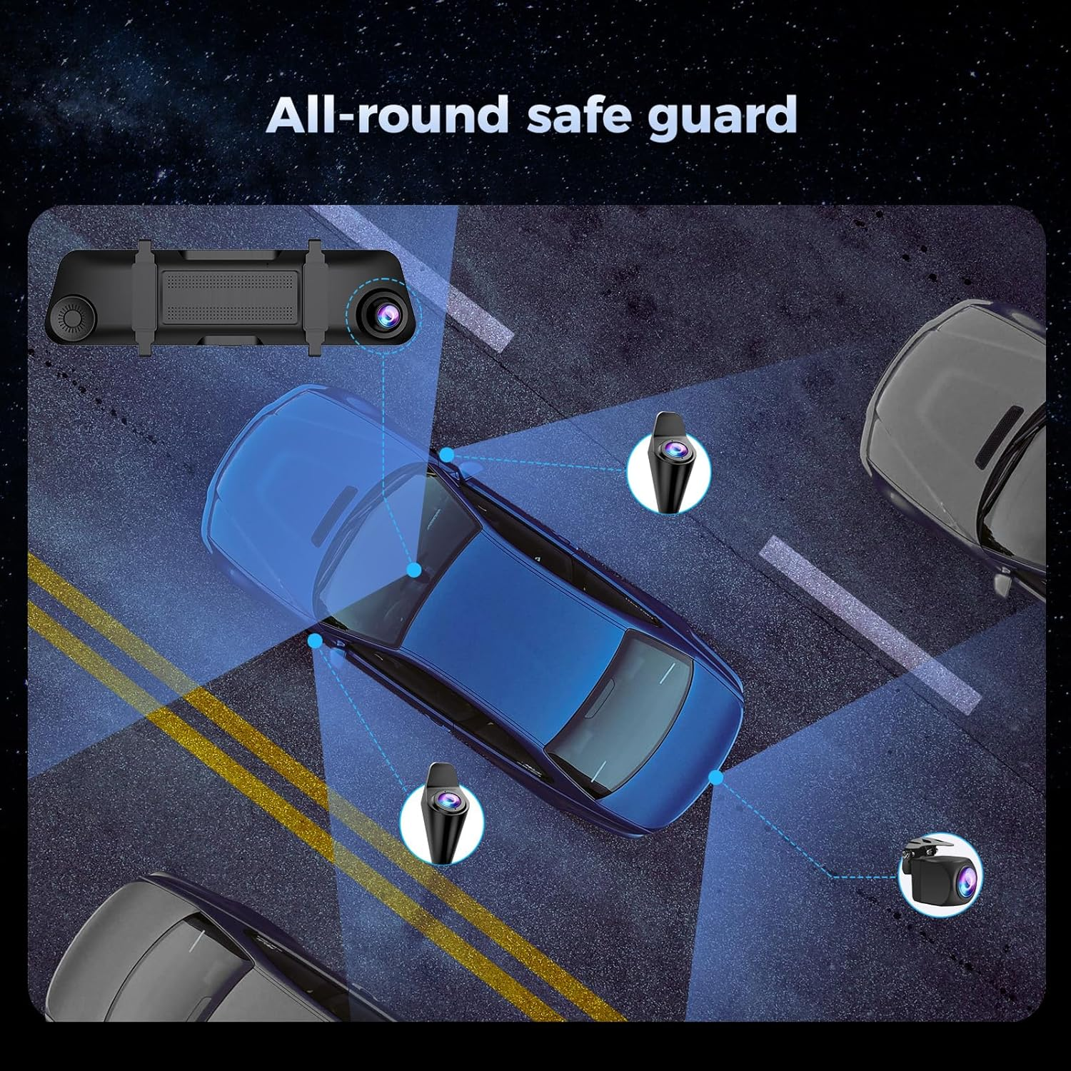 PRUVEEO H5-4CH 12'' Rear View Mirror Camera,4 Channel Mirror Dash Cam Detached Camera Fhd1080Px4,Dash Cam Front and Rear and Side(Left,Right),Night Vision,Gps,Parking Monitor,Free 128GB Card