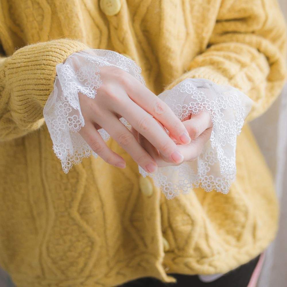 1 Pair Women'S Wrist Cuffs Flower Embroidery Lace Pleated Horn Cuffs Detachable Shirt False Sleeves - White image number 6