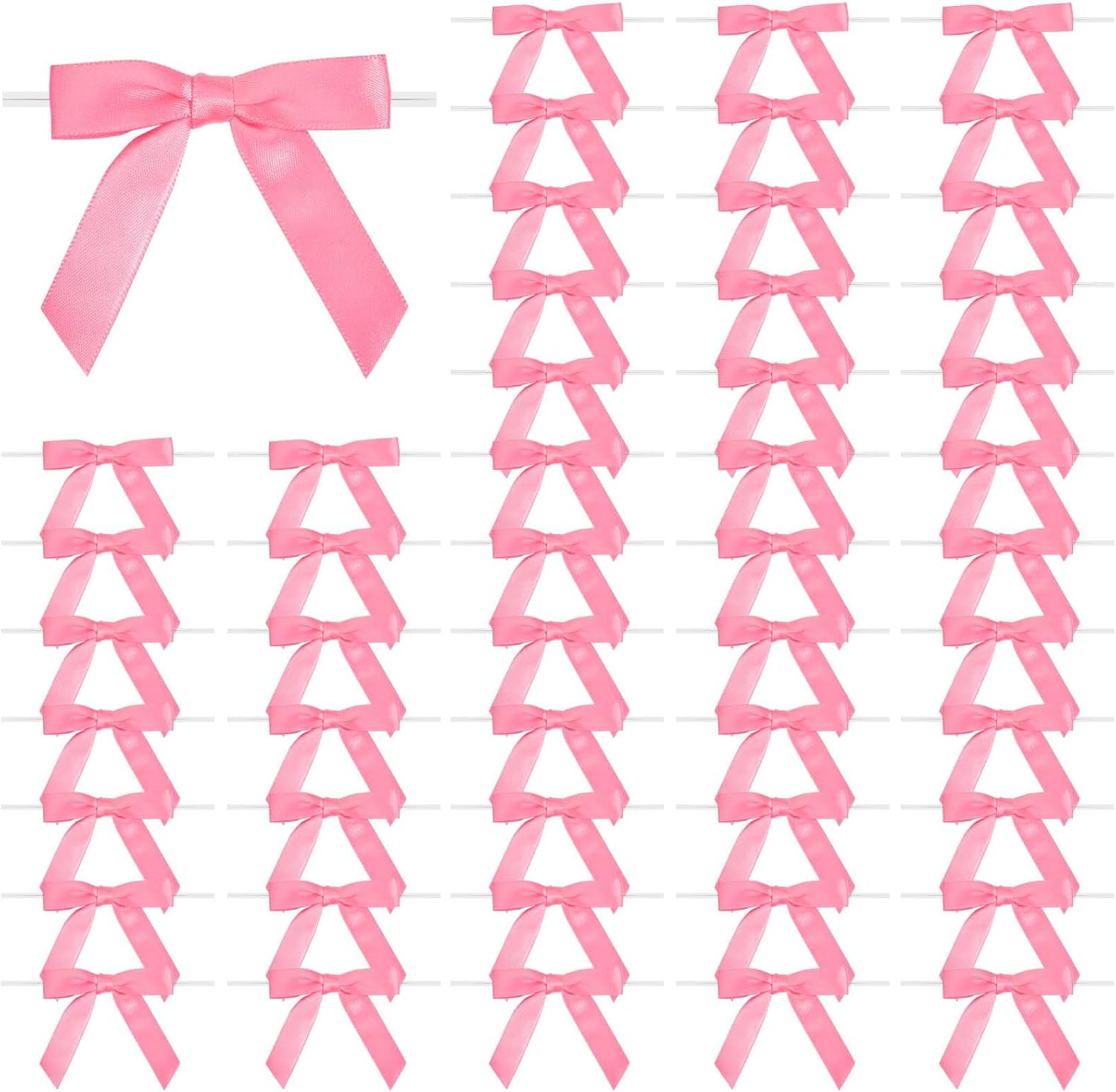 Satin Ribbon Sky Blue Bow Decor 2.5" Premade Pink Twist Tie Bows for Gift Wrapping Treat Bags Party Favors Wedding Decorations - 50 Counts