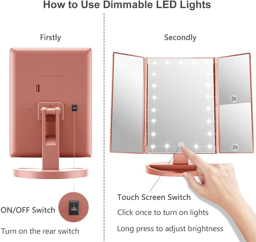 WEILY Lighted Makeup Mirror, Tri-Fold Vanity Mirror with 1X/2X/3X Magnification Mirrors, 21 Natural LED Nights and Touch Screen, Chargeable Travel Cosmetic Mirror for Desktop (Rose Gold) image number 5