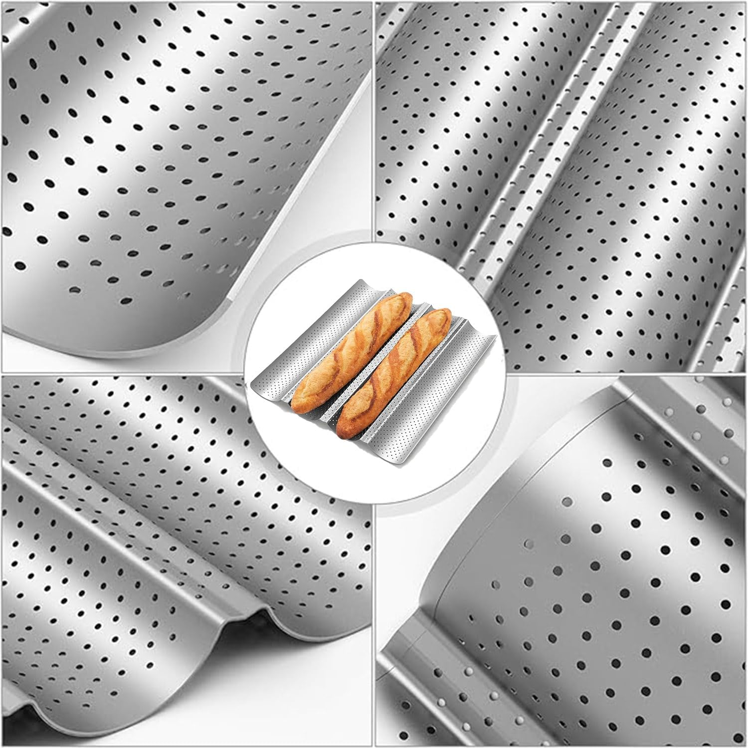 Roczential Baguette Bread Pan Premium Nonstick Perforated Baguette Pan for French Baking 4 Loaves Baguette Baking Tray Sourdough Italian Bread Perfect for Creating Crisp Golden-Brown Crust image number 4