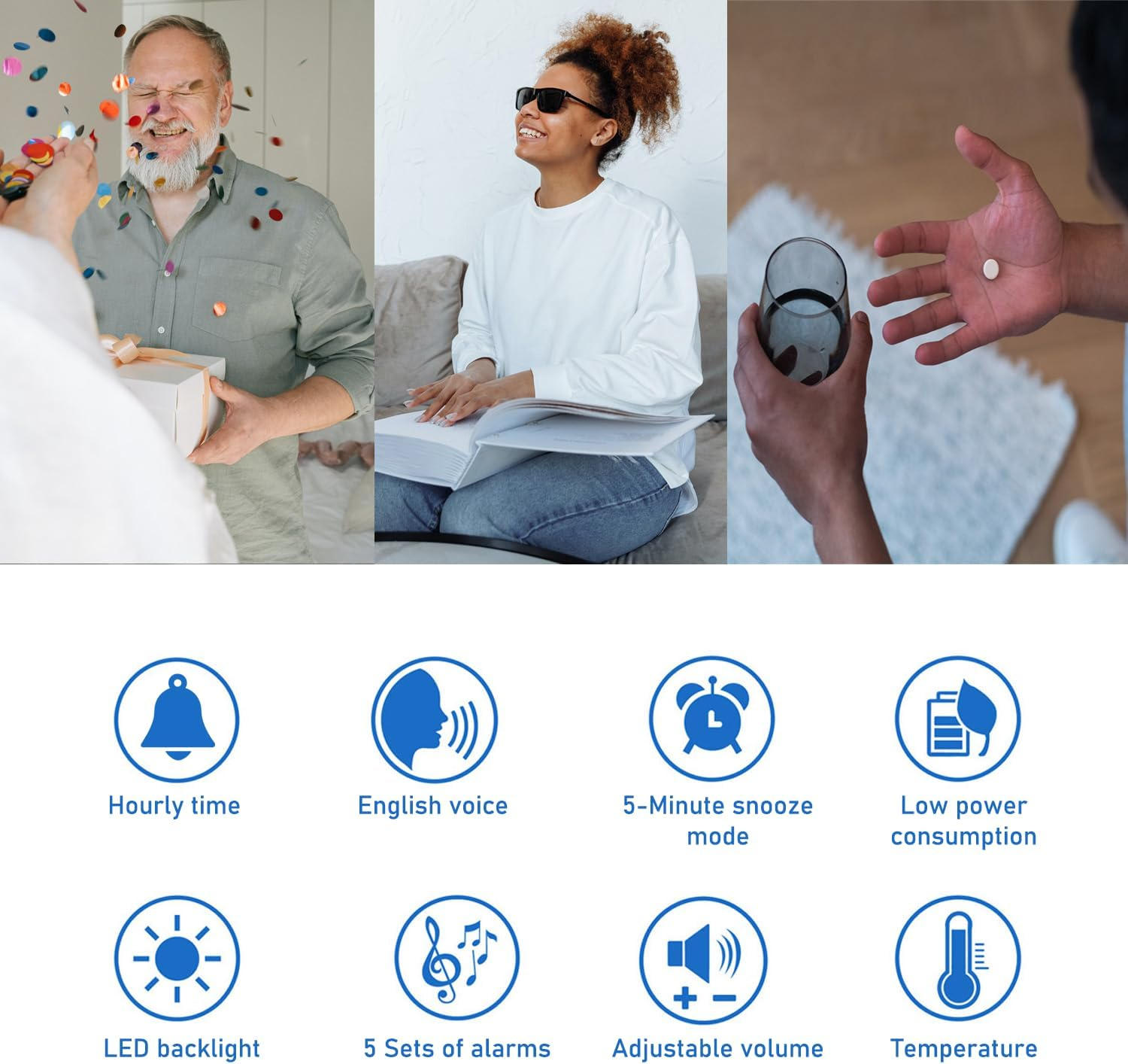 Talking Clock for Elderly, Blind, Visually Impaired, English Voice Announcing Time Date and Week, Backlight and 5 Daily Alarms, Easy to Operate Speaking Alarm Clock, Low Vision Aids image number 2