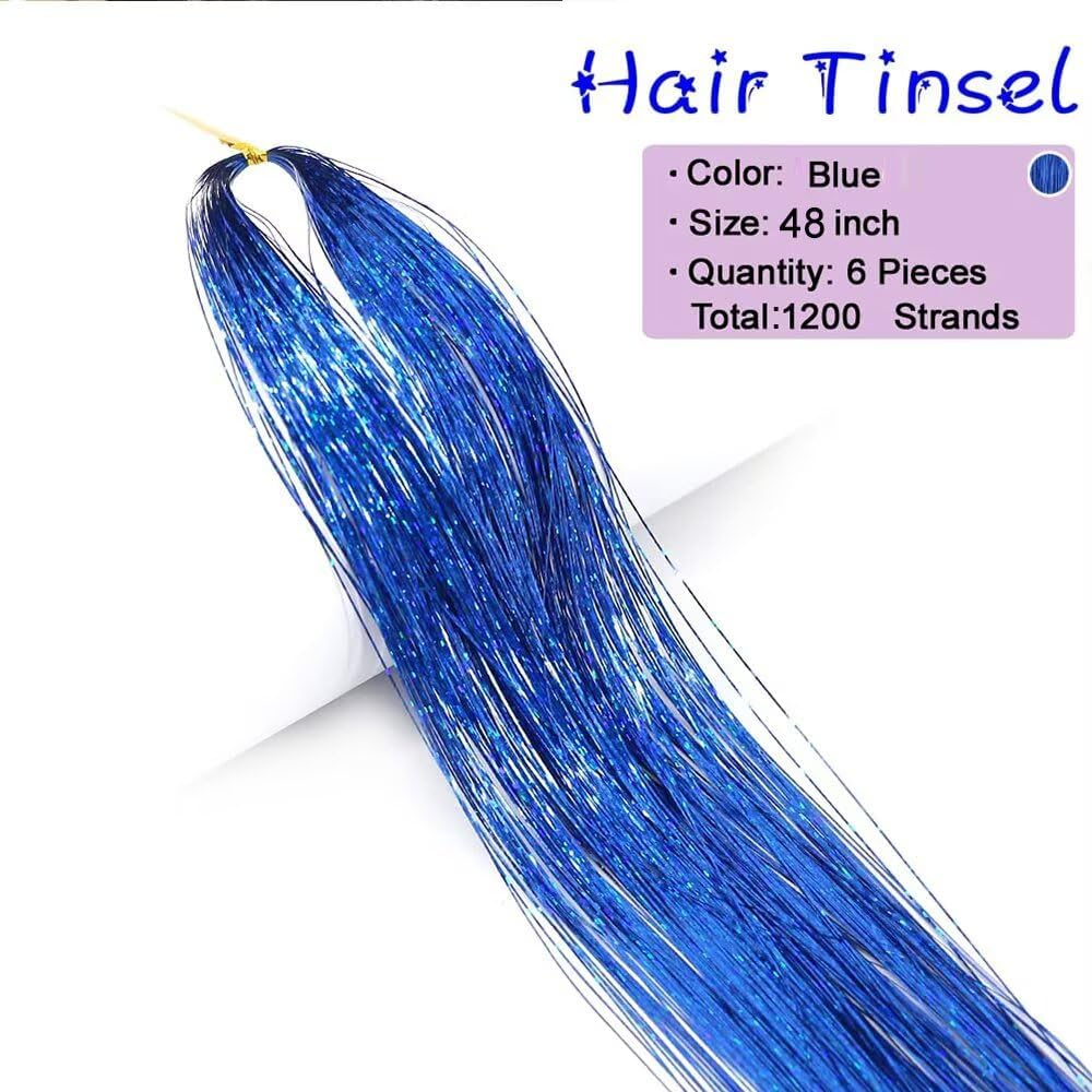 Hair Tinsel Blue 1200 Strands 48 Inches Sparkling Tinsel Hair Extensions, Fairy Hair Tinsel for Birthday Halloween Christmas New Year Party