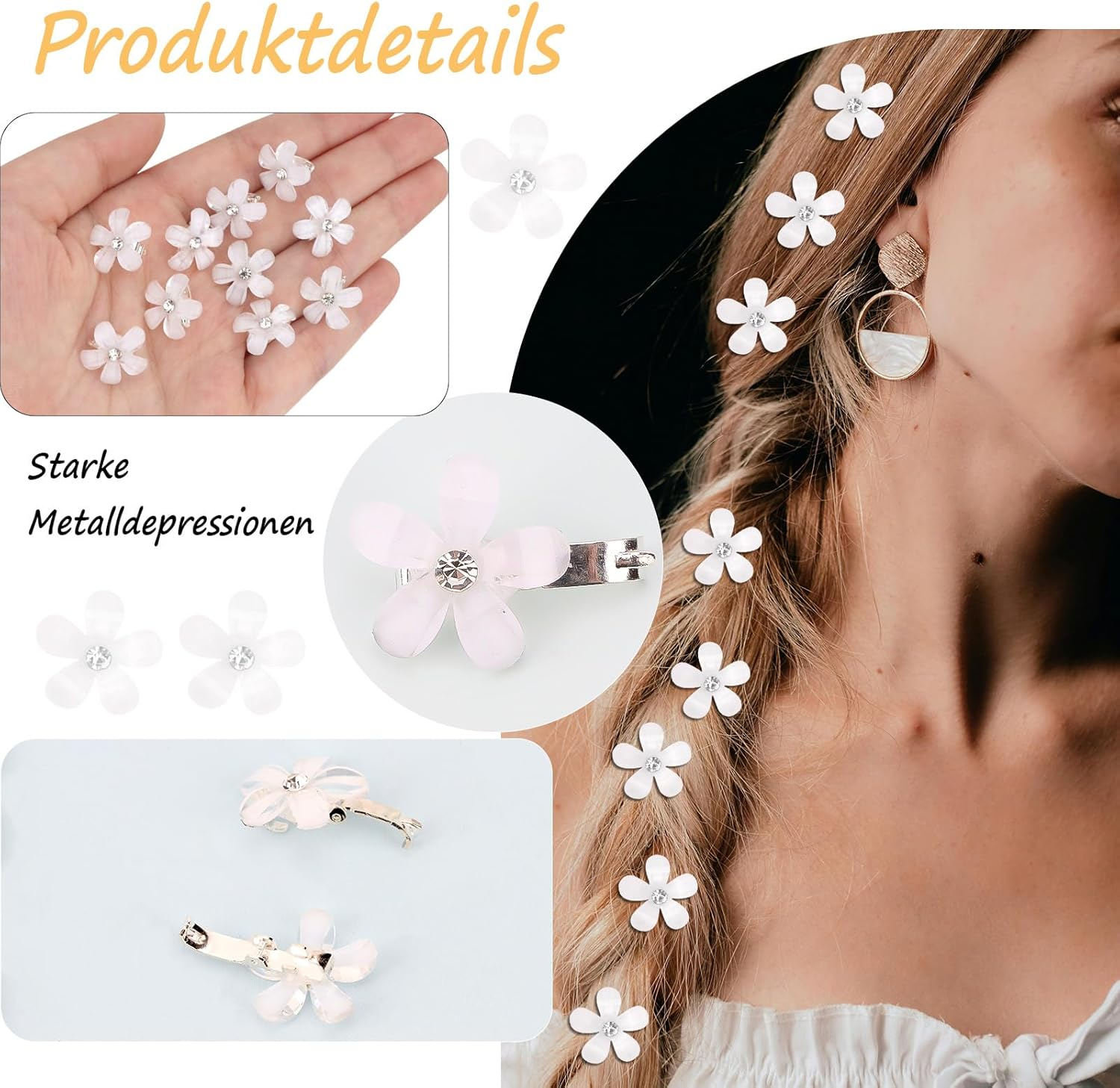 KIUEZIR Pack of 20 Small White Flowers Hair Clips Set - Smooth Crystal Surface with Rhinestones Decoration & Metal Clips, Mini Grip Clips for Women Everyday/Party/Wedding Hairstyles image number 1