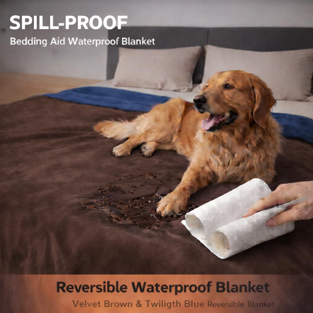 Waterproof Blanket with Water Resistant Protection, Soft & Cozy Flannel for Couples for Love (Velvet Brown & Twilight Blue, 40X60) Bedding Aid image number 3