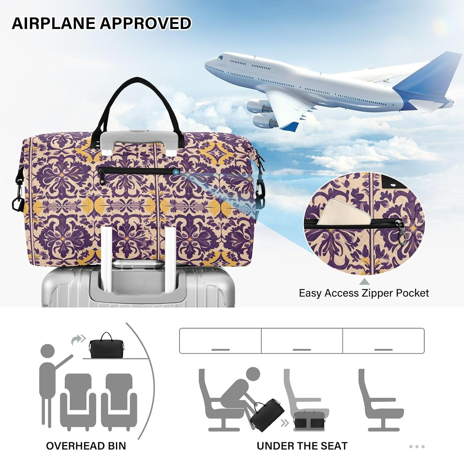 Travel Bag Travel Weekender Gear Bag Travel Tote Gym Bag with Adjustable Strap for Sports Multifunctional, Country Style Flower Pattern Purple and Yellow image number 3