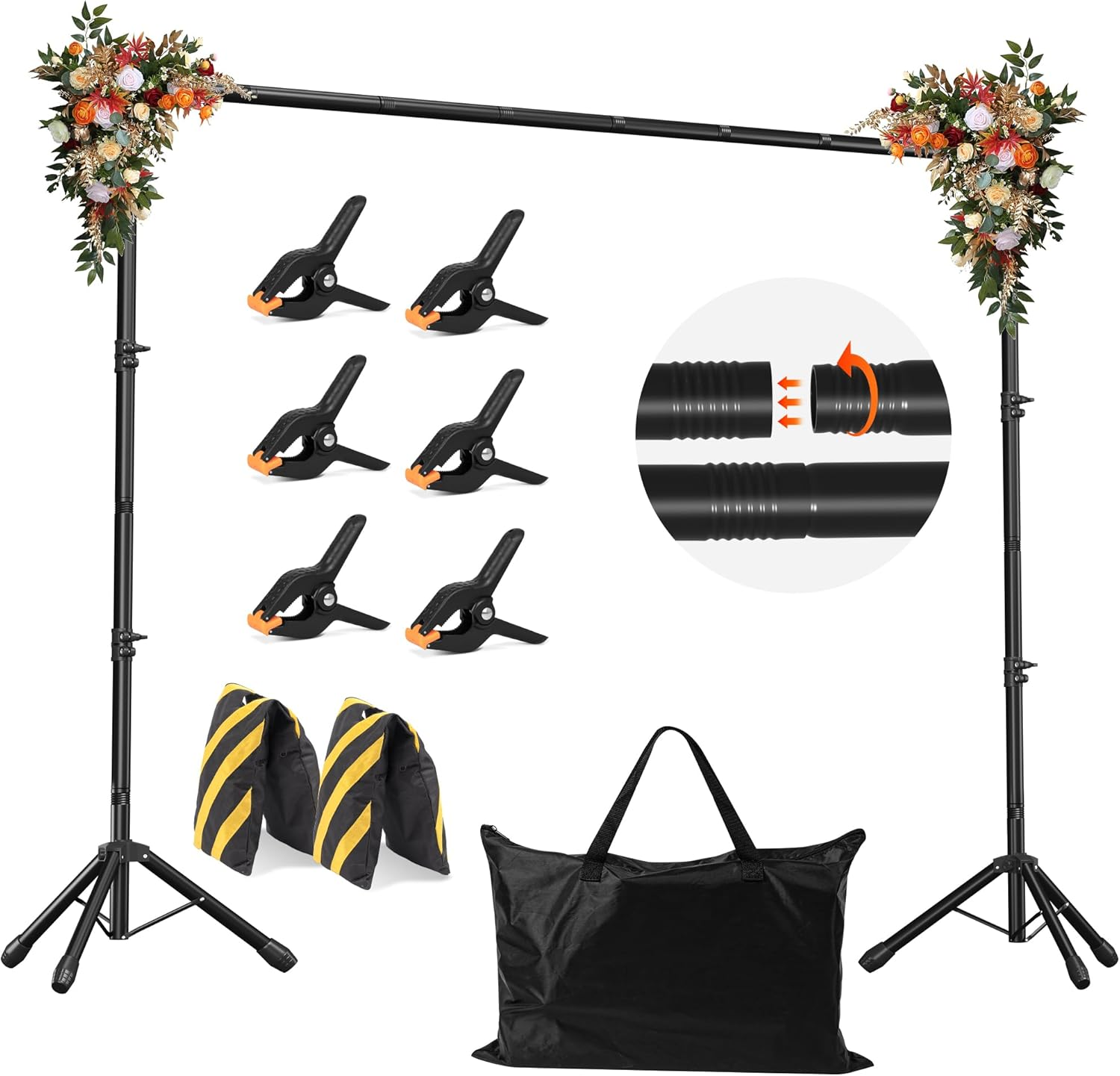 Jsungo Backdrop Stand, Adjustable 10X7.5 FT Background Stand Backdrop for Parties, Photo Video Studio, Portable Photography Backdrop Stand with Carrying Bag, 6 Backdrop Clamps, and 2 Stand Bags image number 4