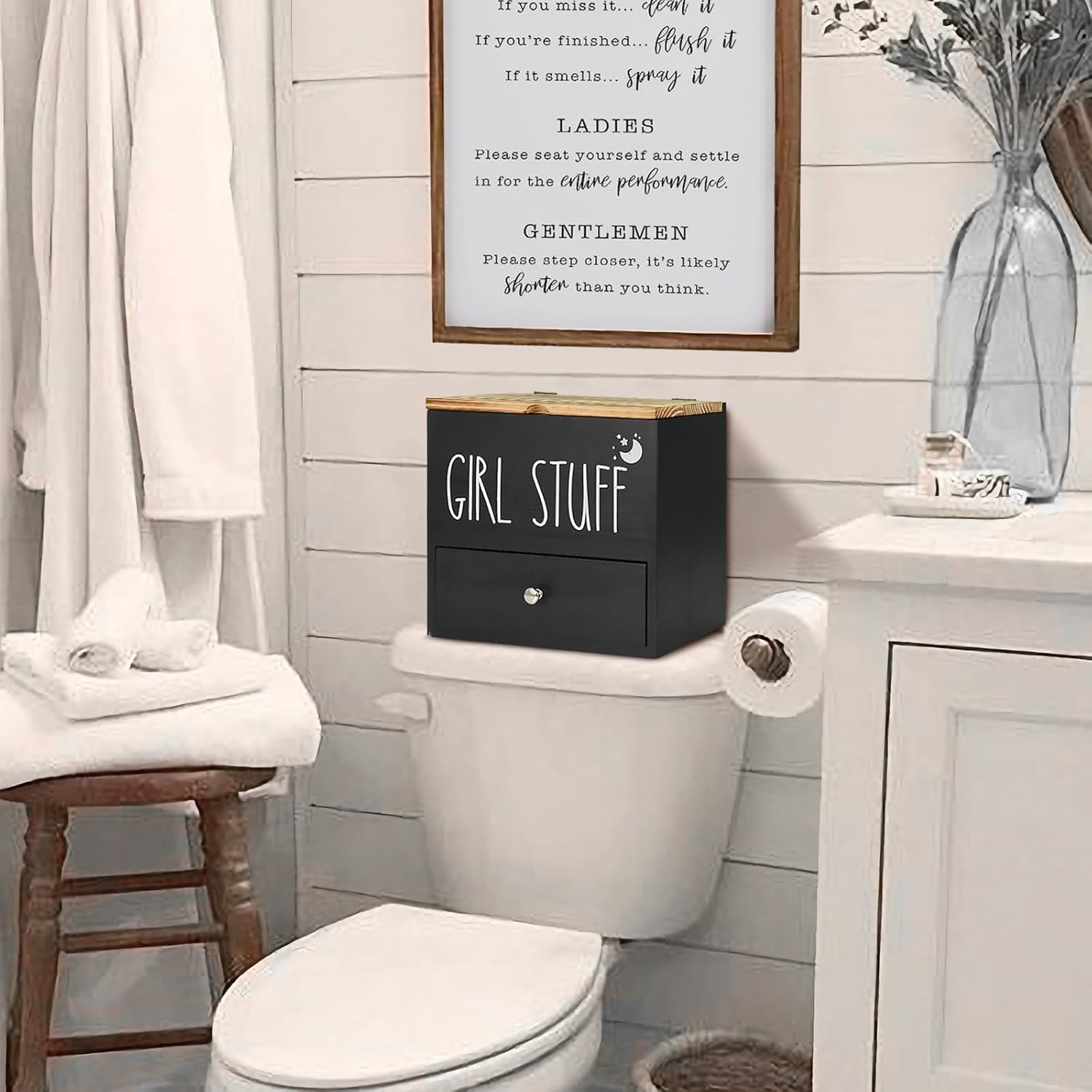 Tampon Holder for Bathroom Decor and Storage, Wood Feminine Product Organizer with Drawer and Lid, Pad and Tampon Organizer Bathroom Accessories Box for Tampon Storage, Black Cotton Ball/Swab Holder image number 6