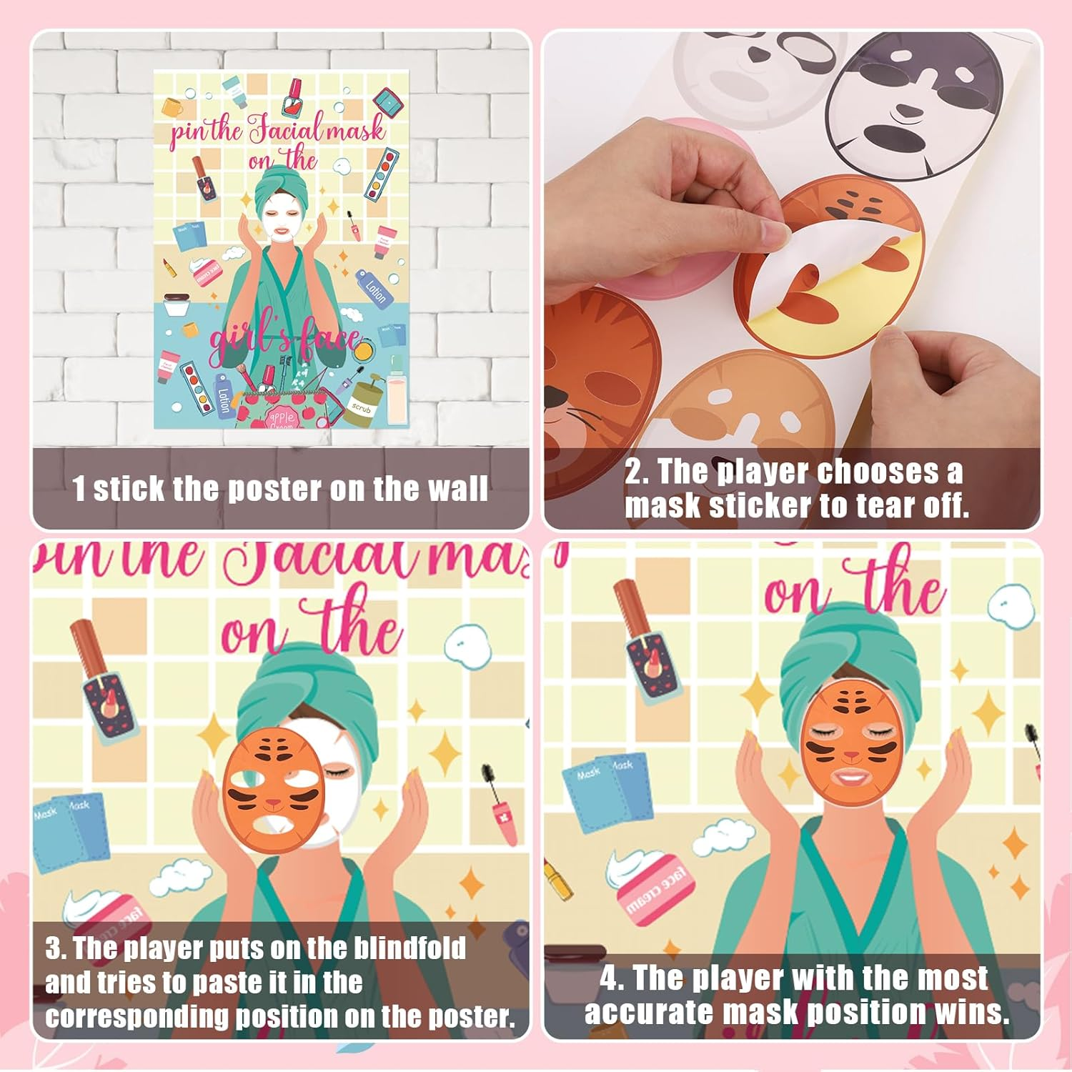 38Pcs Spa Party Games, Pin the Facial Mask on the Girl'S Face with 36 Pcs Spa Party Poster Sticker for Kids and Blindfold Spa Birthday Party Supplies Makeup Party Decorations image number 5