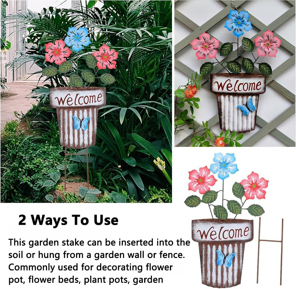Decorative Garden Stakes, Metal Flower Pot Garden Decor, Welcome Yard Signs for Outdoor Lawn Backyard Patio Porch Pathway Decorations image number 5