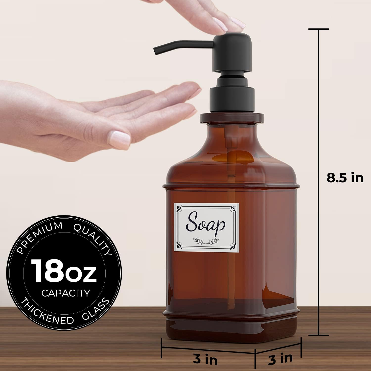 GLADPURE Soap Dispenser 2 Pack, Hand Soap Dispensers with 18 Oz Antique Design Thick Amber Glass Bottle, 316 Rust Proof Stainless Steel Black Pump, 6Pcs Stickers, for Lotion, Soap, Essential Oil image number 3