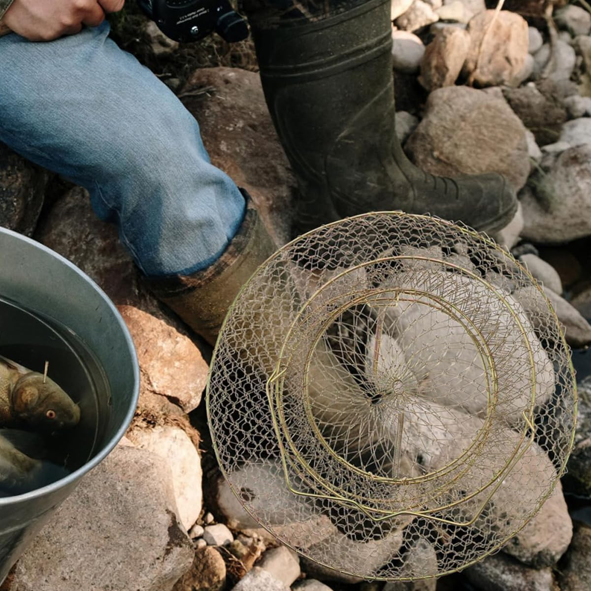 AIMALL Galvanized Fish Cage with Spring Door for Fishing, Portable Metal Wire Folding Trap Basket for Fish and Crab Catching, Durable and Lightweight image number 6