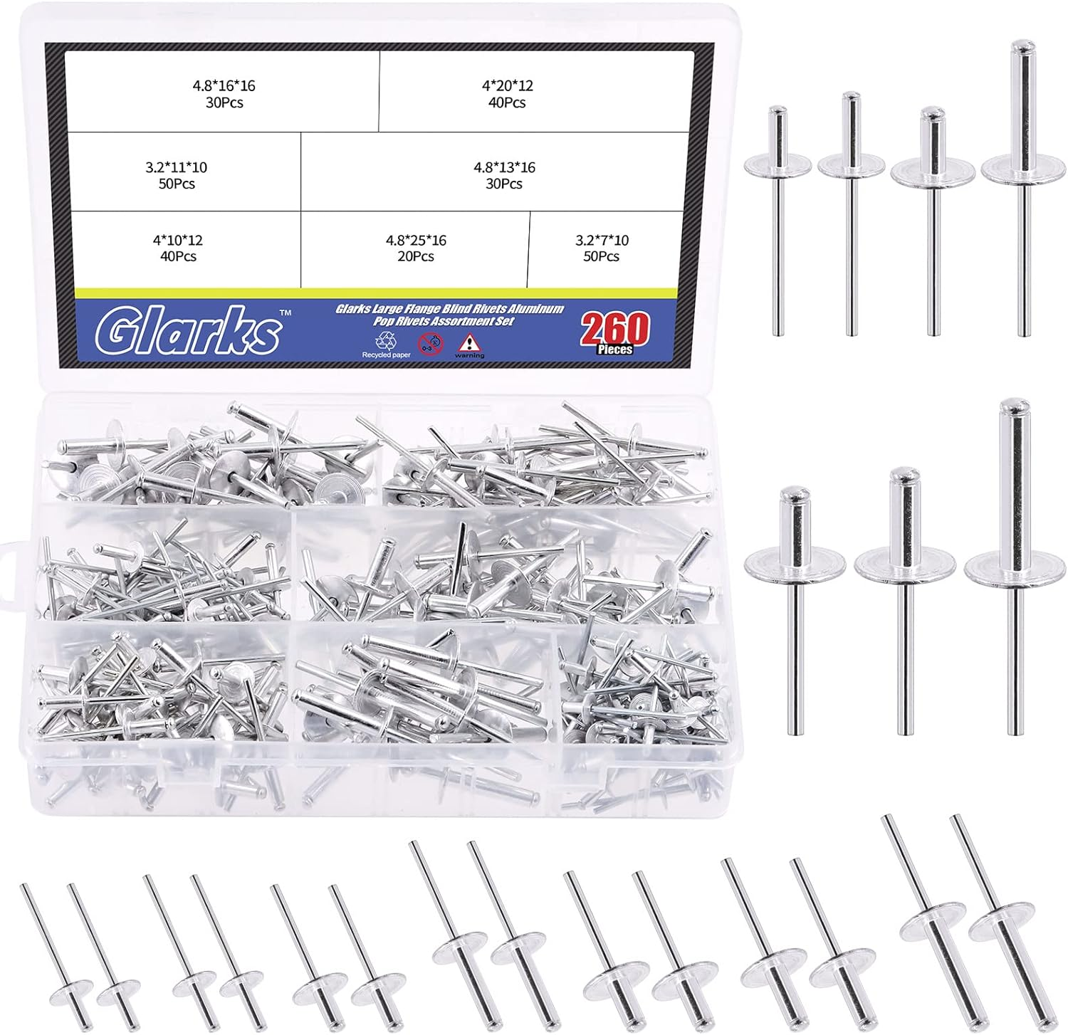 Glarks 260Pcs 7 Sizes Large Flange Aluminum Blind Rivets Pop Rivets Assortment Set for Joining Metal Plate Pipe Automotive
