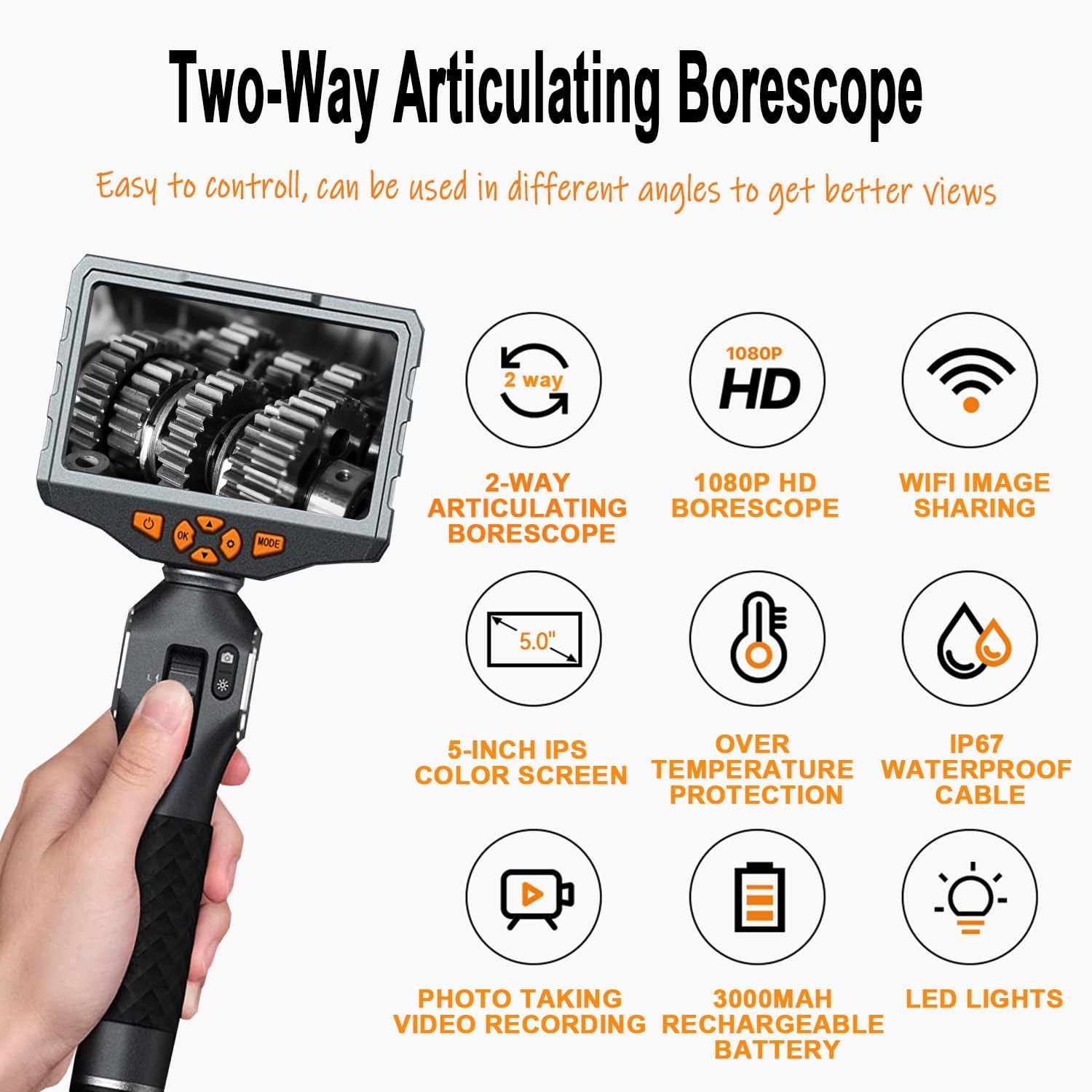Articulating Borescope, TD500 8.5Mm Video Endoscope Inspection Camera with 5 Inches IPS Screen, Two-Way Articulation Probe, Fiber Optic Videoscope for Automotive Aircraft Mechanics (5Ft, 0.33Inch) image number 6