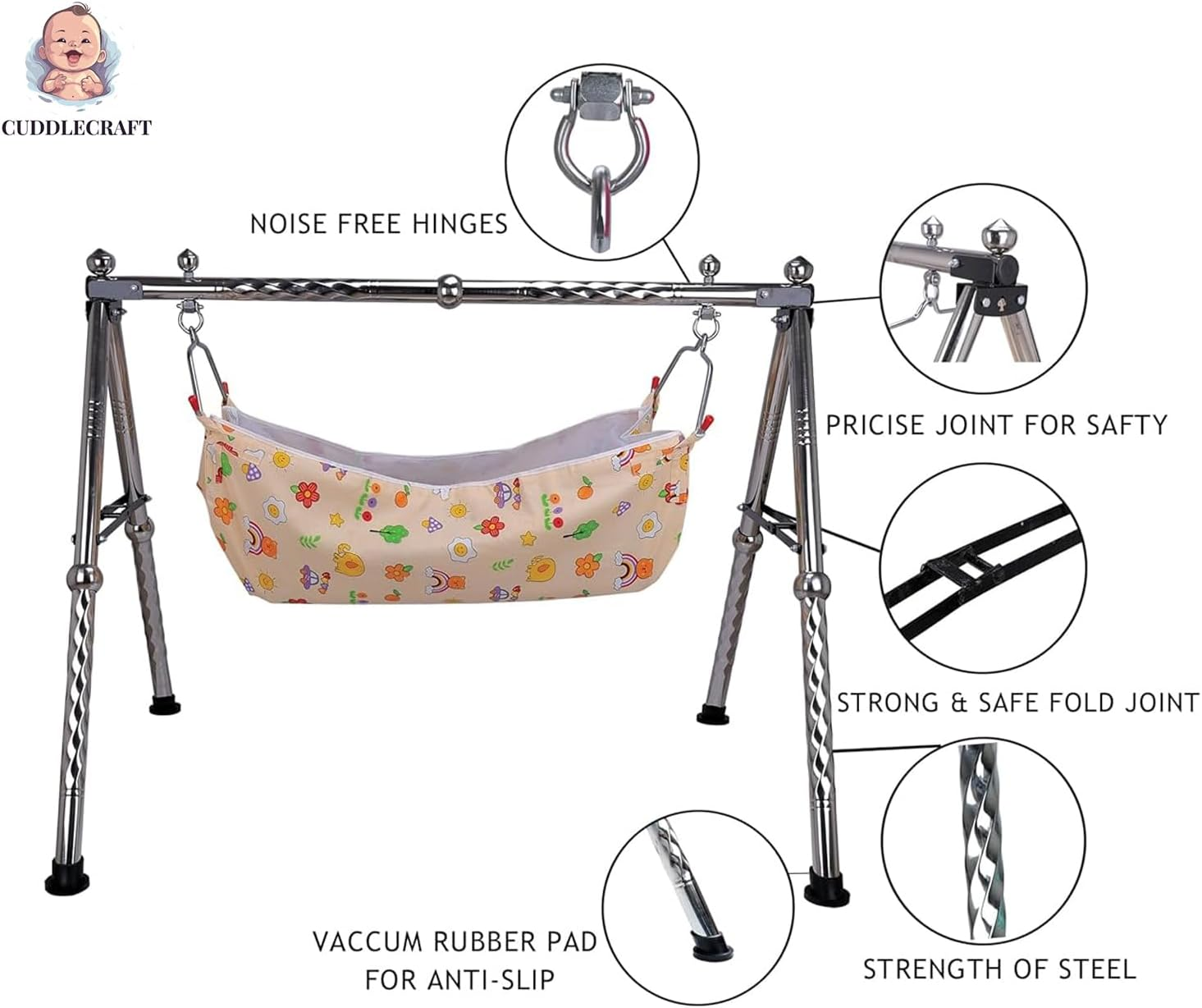 Cuddlecraft New Born Baby Stainless Steel Foldable Baby Cradle/Baby Swing/Baby Jhula/Ghodiyu with Cotton Hammock Cloth. (Black) image number 2