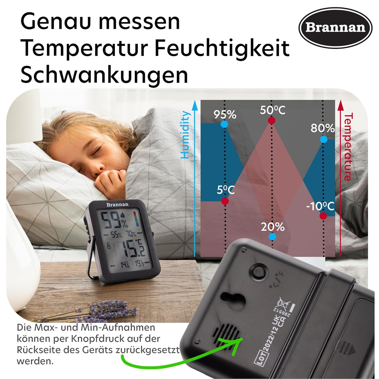 Brannan Max Min Thermometer Indoor Humidity Meter Hygrometer - Accurate Room Thermometer Maximum Minimum Recording Temperature Digital Display to Monitor House Home Office Nursery Greenhouse image number 6