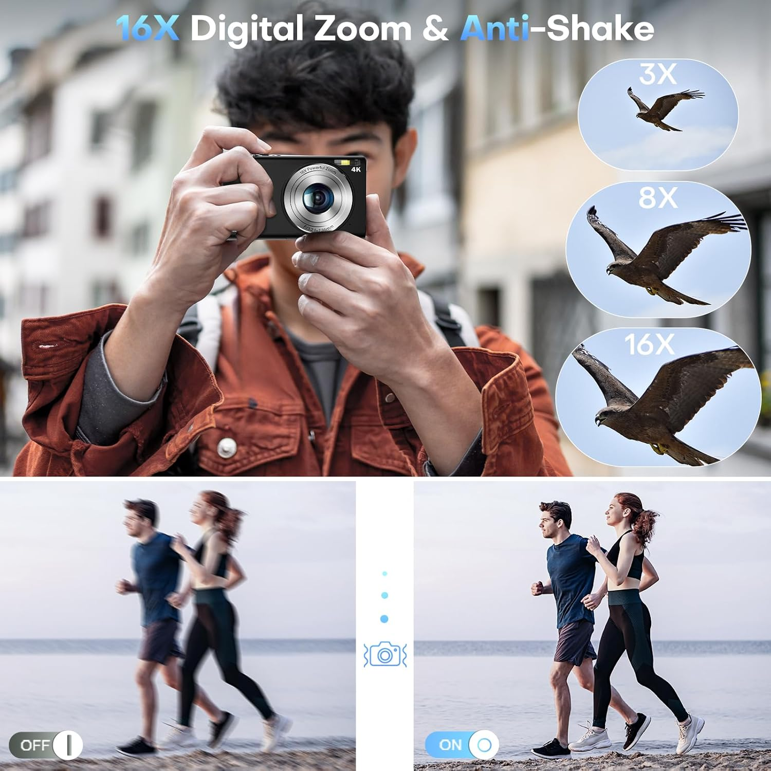 Digital Camera, Autofocus Compact Camera HD 4K 48MP with 2.8" Large Screen, 16X Digital Zoom, Portable Mini Camera for Kids,Adult,Beginners (Black) - Black image number 3