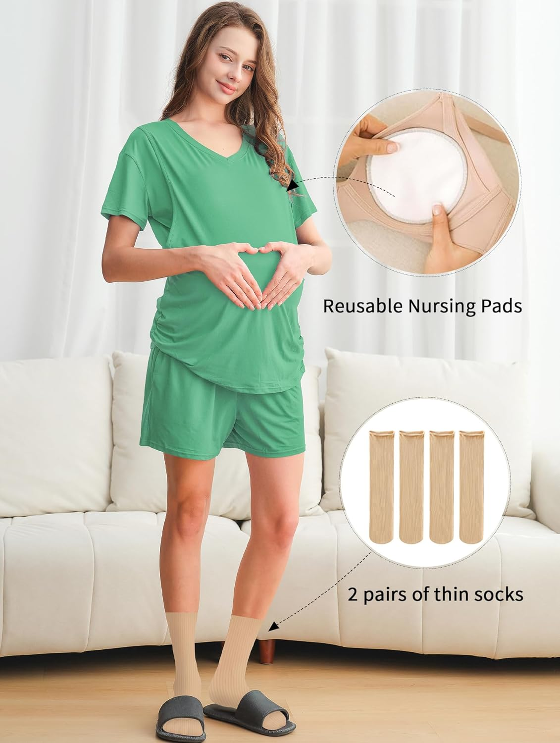 DANSHOW 3 Piece Maternity Nursing Pajamas Set Postpartum Pjs Breastfeeding Sleepwear, Adjustable Waistband image number 7
