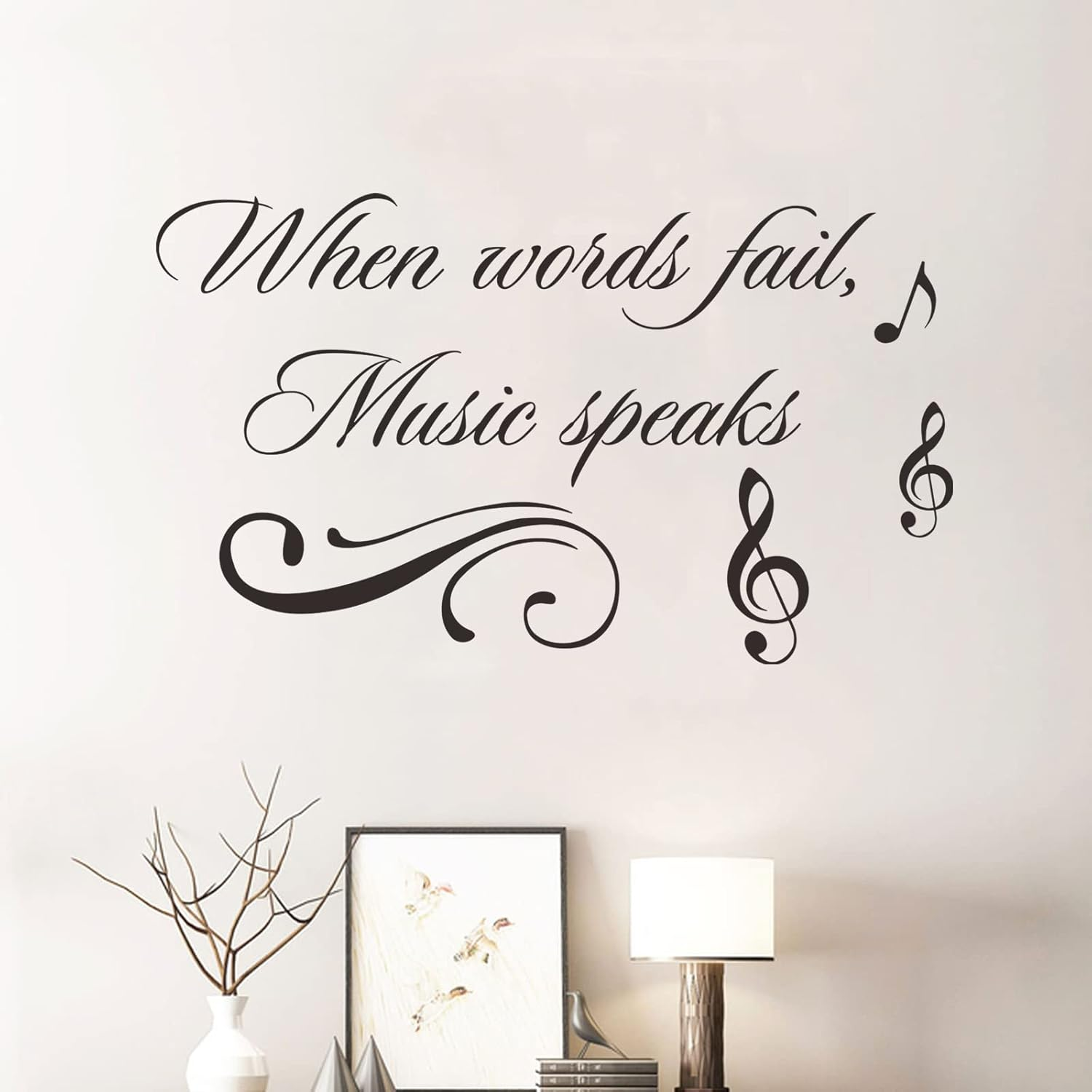 Music Wall Decals Decor Inspirational Quotes When Words Fail, Music Speaks Vinyl Wall Art Stickers Mural for Music Room Living Room Bedroom Decoration image number 2